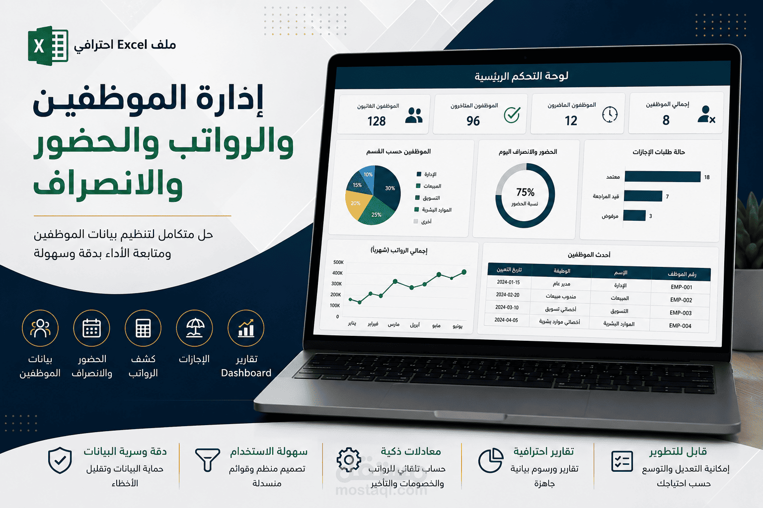 تصميم ملف Excel احترافي لإدارة الموظفين والرواتب والحضور والانصراف