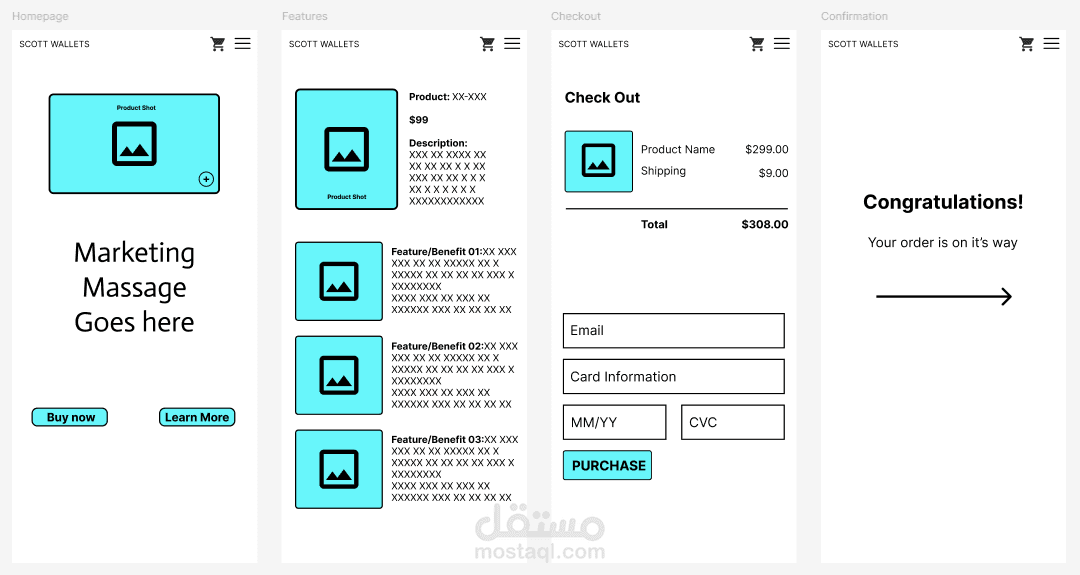 Wireframe لموقع بيع محافظ الجيب للرجال