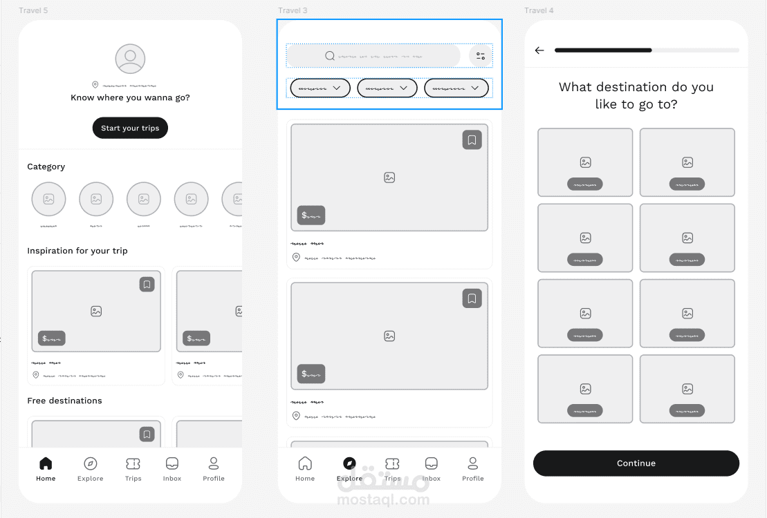 Wireframe لتطبيق للسفر