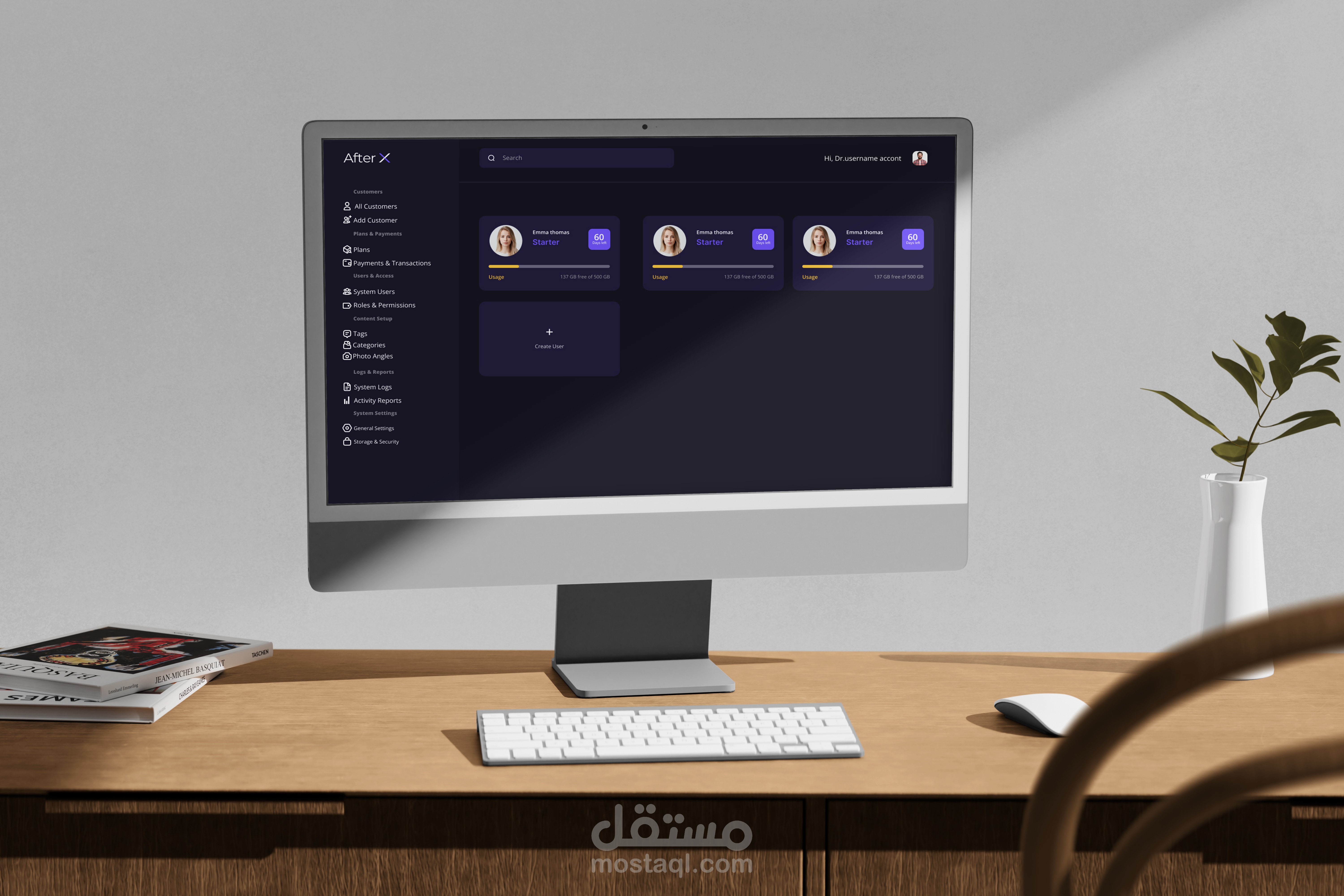 تمّ تصميم صفحة Admin Control Panel لتطبيق AfterX لإدارة النظام بشكل متكامل، وتشمل التحكم بالمستخدمين، الإعدادات، والبيانات التقنية للتطبيق.
