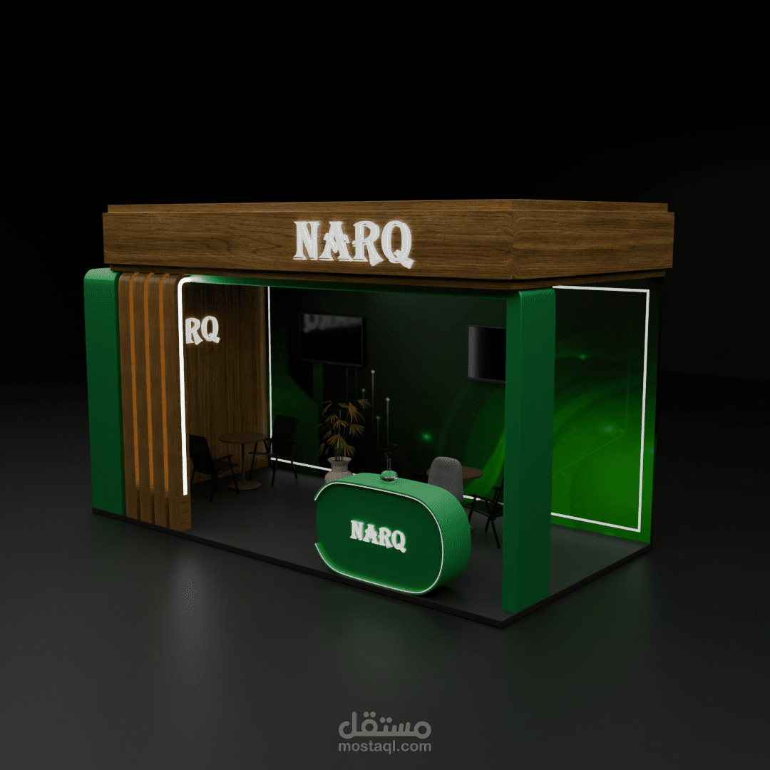 تصميم ثلاثي الأبعاد لبوث معرض تم تنفيذه على برنامج Blender.