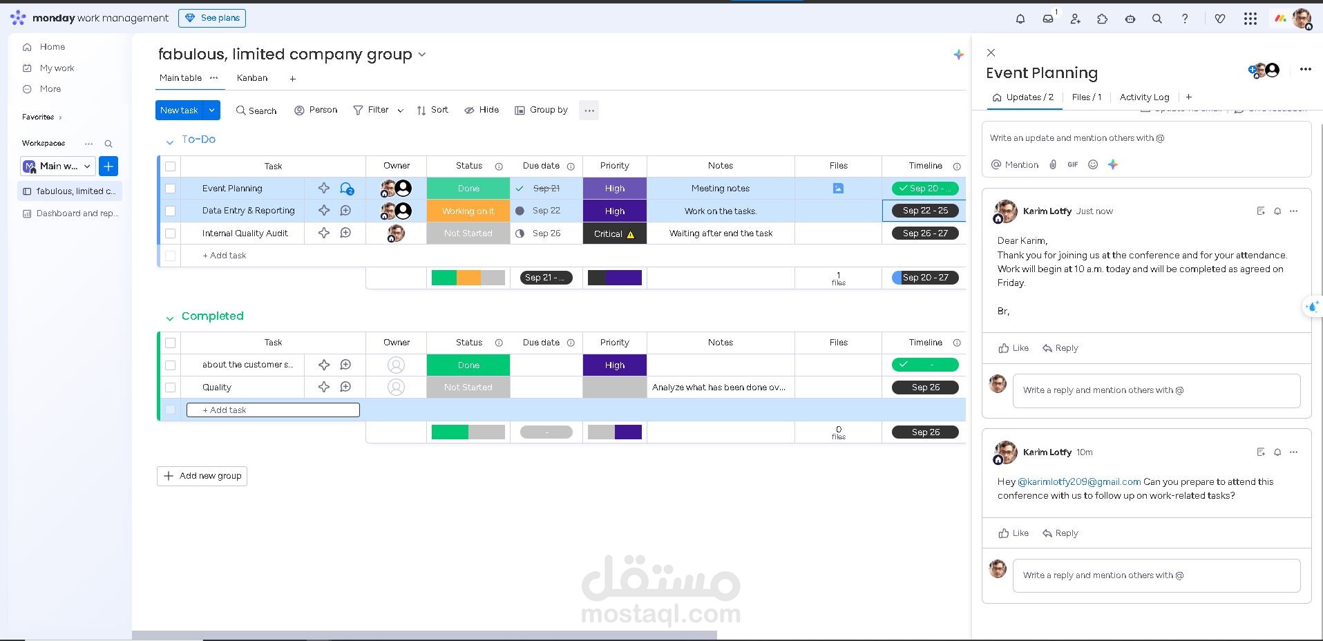 محاكاة مشروع تم تنفيذه من خلال Monday.com
