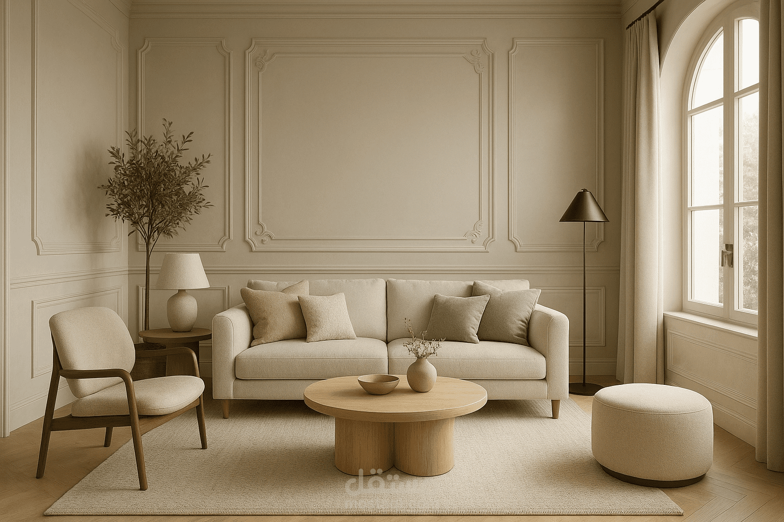 "تصميم داخلي معاصر بألوان دافئة ولوحة جرافيك هندسية"