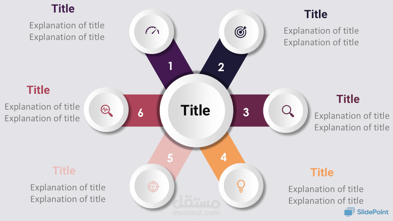 الصورة عبارة عن شريحة (Slide) مصممة بشكل احترافي في برنامج PowerPoint، وتُستخدم لعرض المعلومات بطريقة جذابة ومنظمة. التصميم عبارة عن مخطط معلوماتي (Infographic) يتكون من 6 نقاط رئيسية تتفرع من نقطة مركزية، وهو ما يُعرف بالمخطط الشعاعي أو الدائري.
