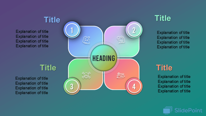 الصورة عبارة عن شريحة (Slide) ذات تصميم زجاجي وعصري (Glassmorphism) في برنامج PowerPoint. تُستخدم هذه الشريحة لعرض أربع أفكار أو مكونات رئيسية مرتبطة بعنوان محوري.