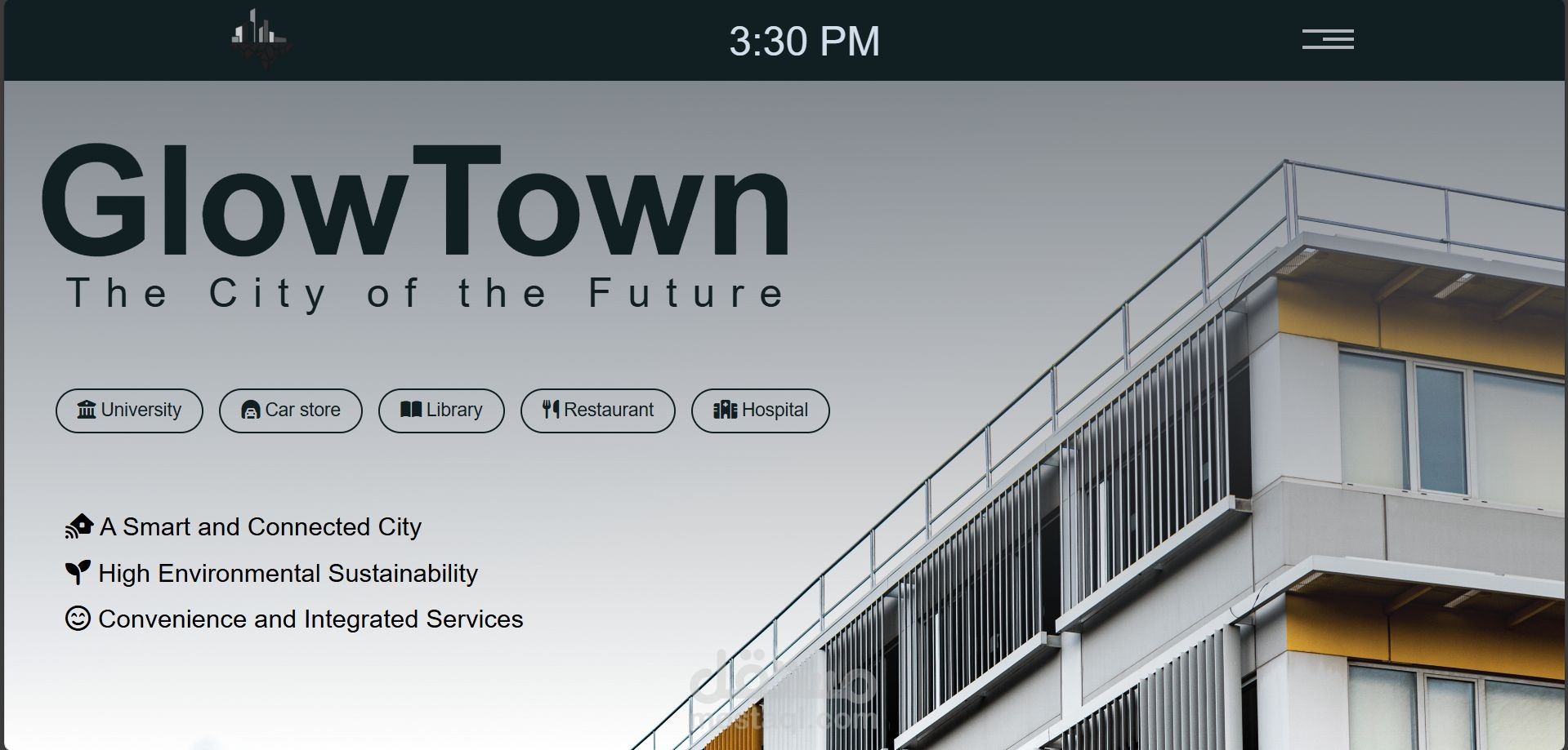 تطوير موقع GlowTown – مدينة افتراضية متعددة الخدمات (جامعة – مستشفى – مكتبة – مطاعم – تجارة إلكترونية)