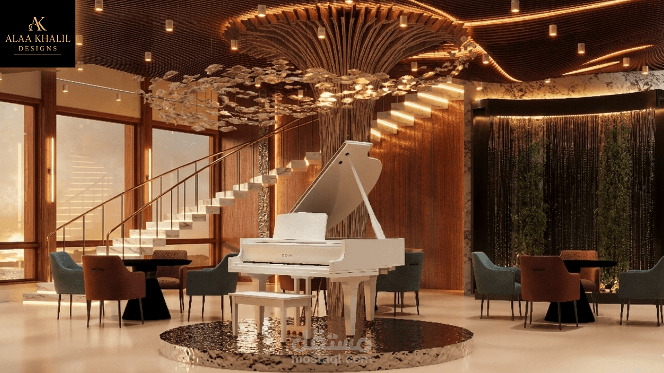 تصميم داخلي لمطعم مأكولات بحرية بطراز عصري مع تصميم منيو و لوجو fin & fire resturant