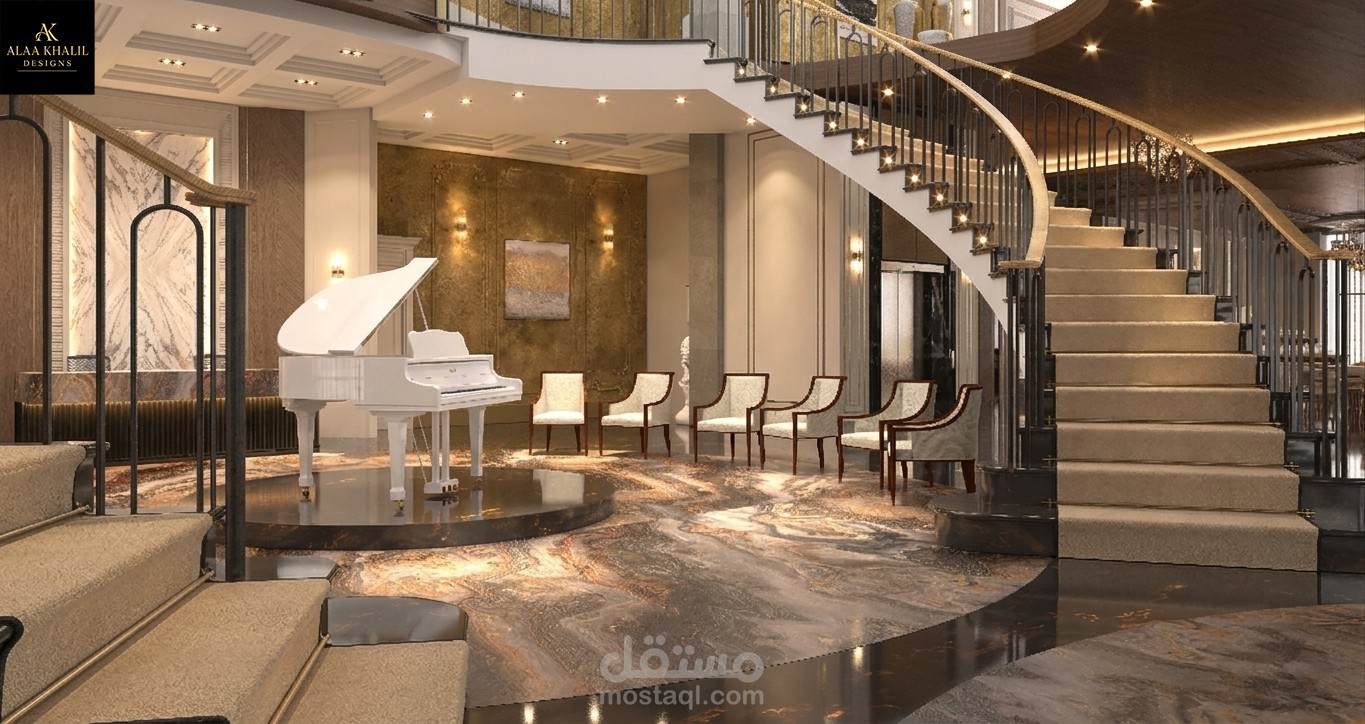 تصميم لوبي و استقبال و كافيه و مطعم فاخر و بوتيك ازهار و لاونج  ب فندق بأسلوب كلاسيكي حديث مع لمسات عصرية فخمة.