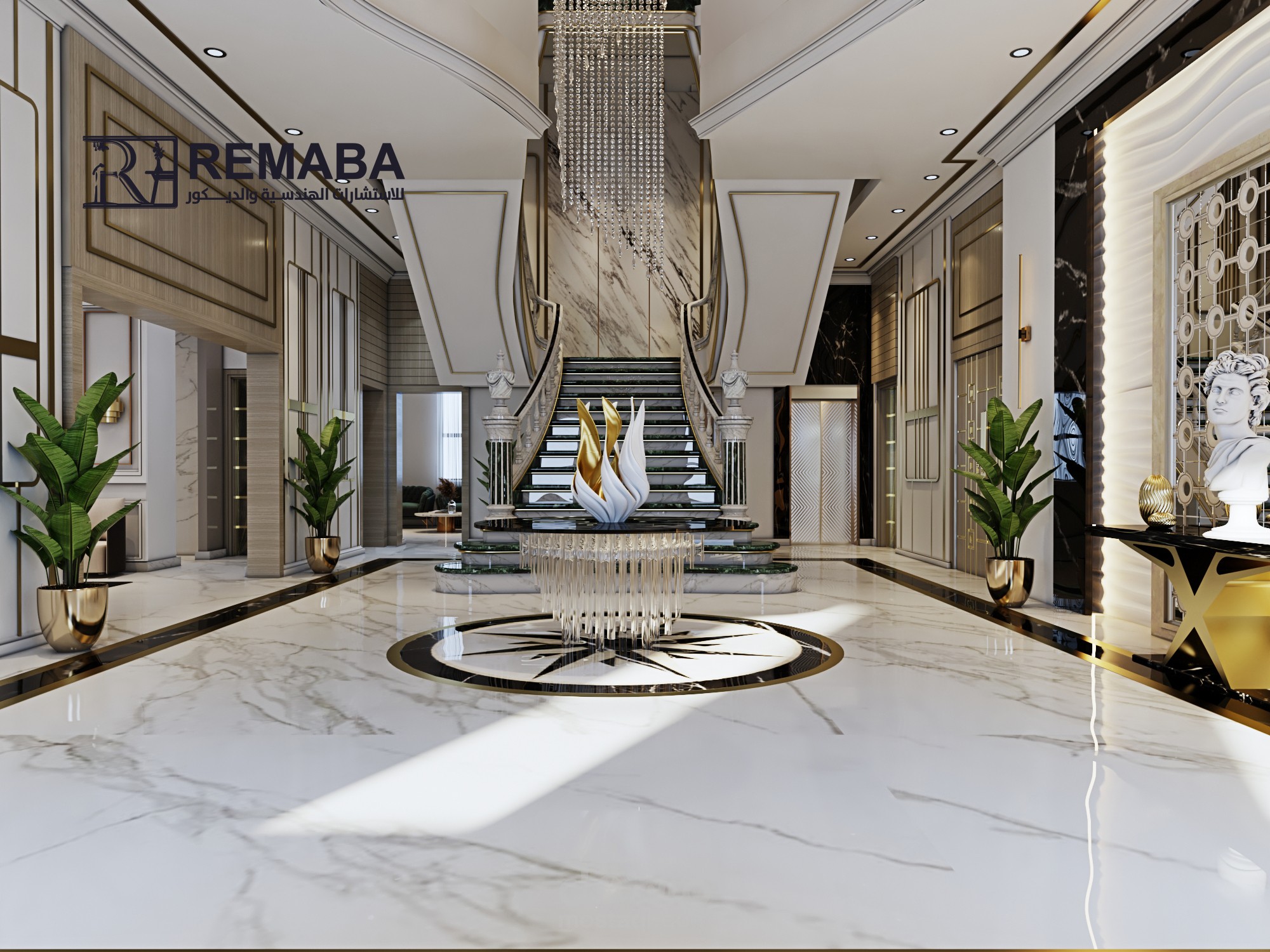 تصميم داخلي فيلا السيد هادي اليعقوبي – الإمارات (طراز كلاسيكي فاخر)