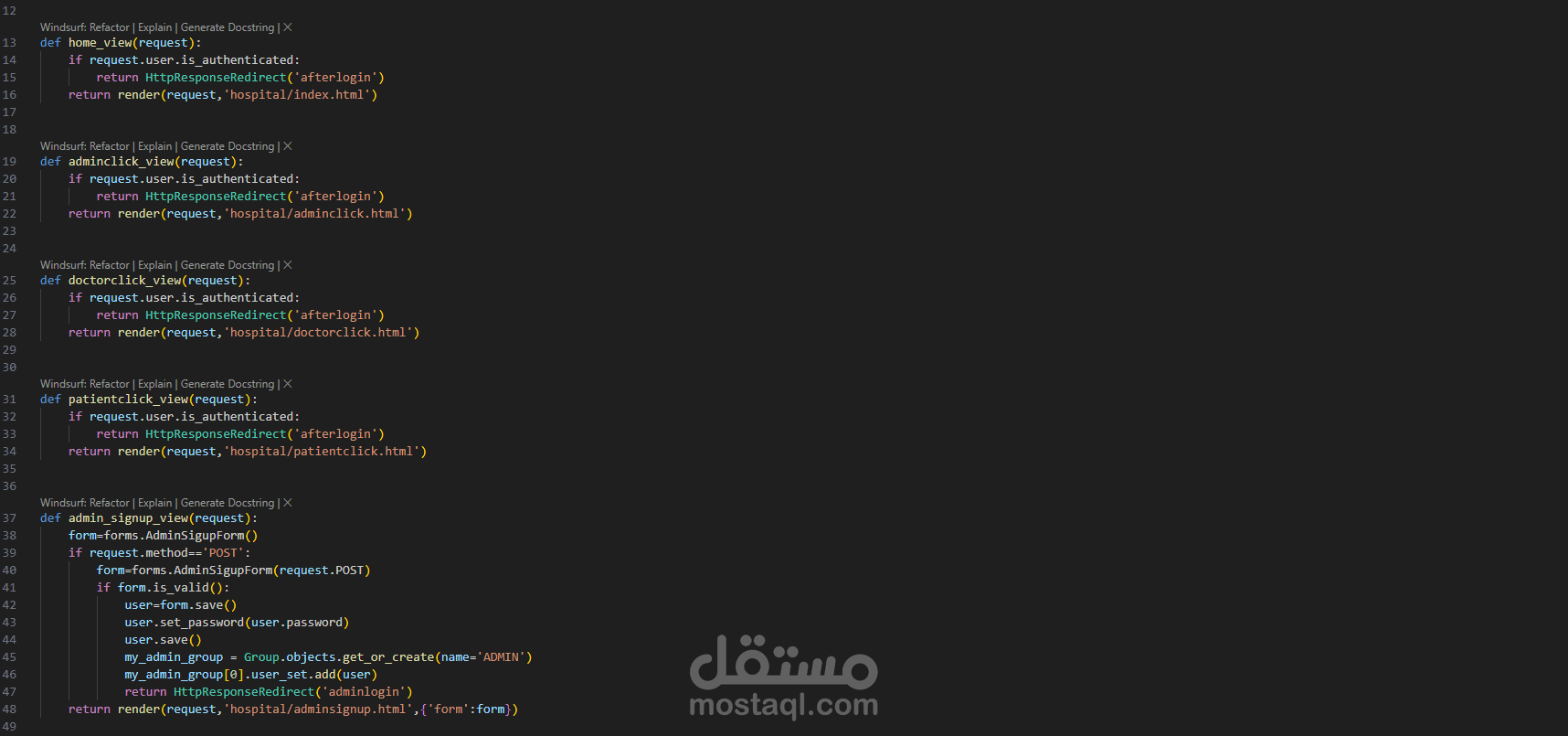 منطق نظام إدارة مستشفى شامل (Django Views) - إدارة المستخدمين، الأطباء، المرضى، المواعيد، وفواتير الصرف