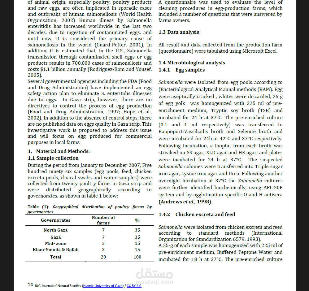 Bacteriological Occurrence of Salmonella spp. in Hens Eggs and their Environment in Selected Farms in Gaza Strip