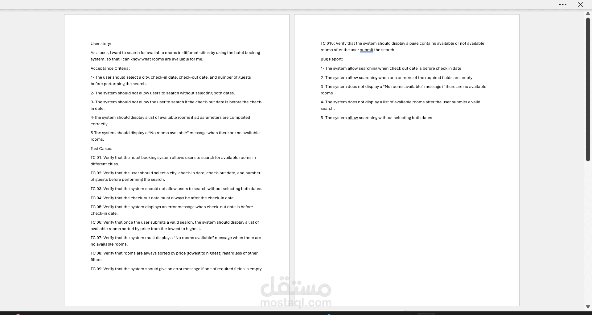 كتابة User Story وتحليلها إلى Test Cases وBug Report لتطبيق حجز فنادق