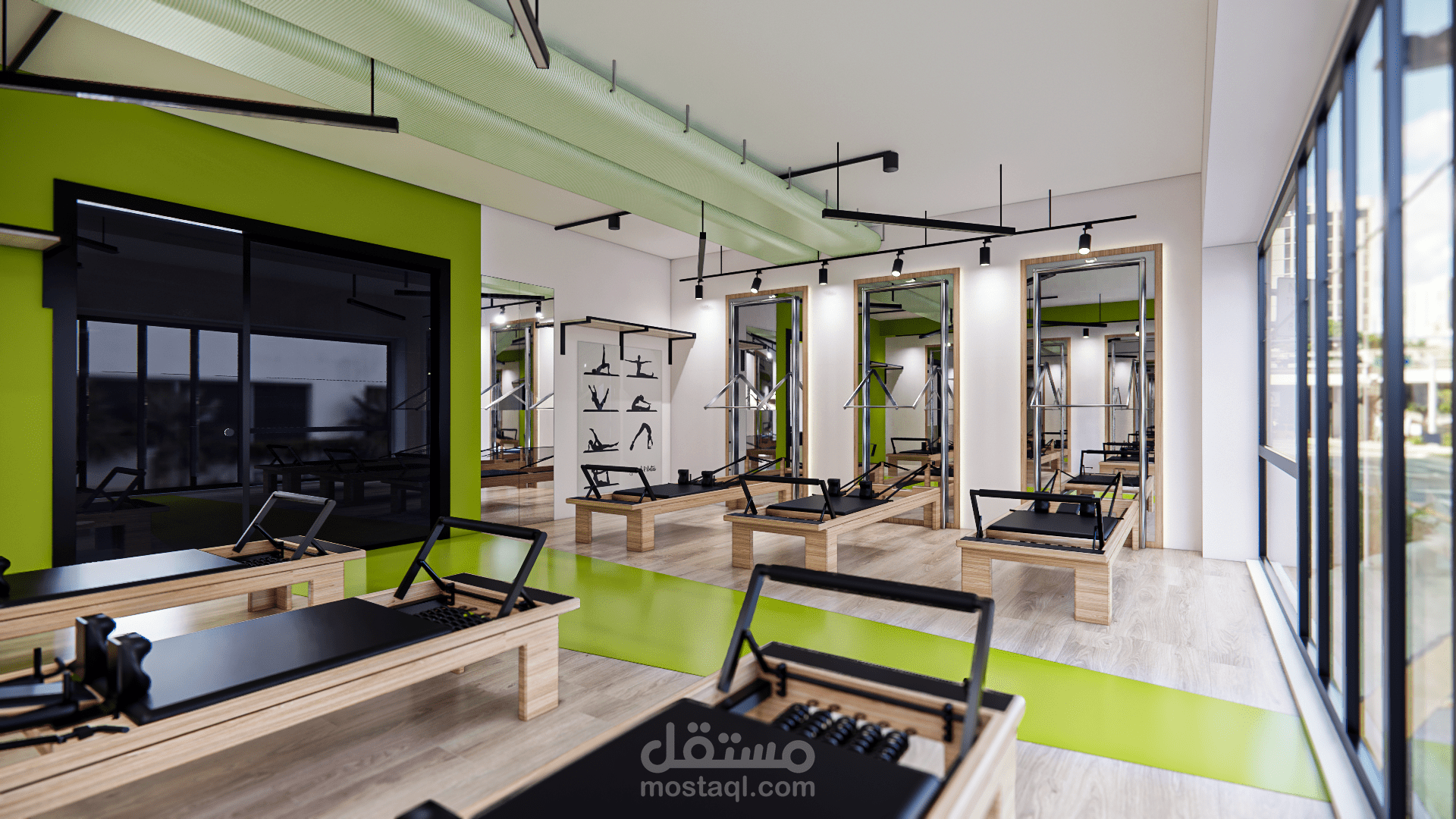 تصميم داخلي لاستوديو بيلاتيس | المفهوم والتصاميم ثلاثية الأبعاد