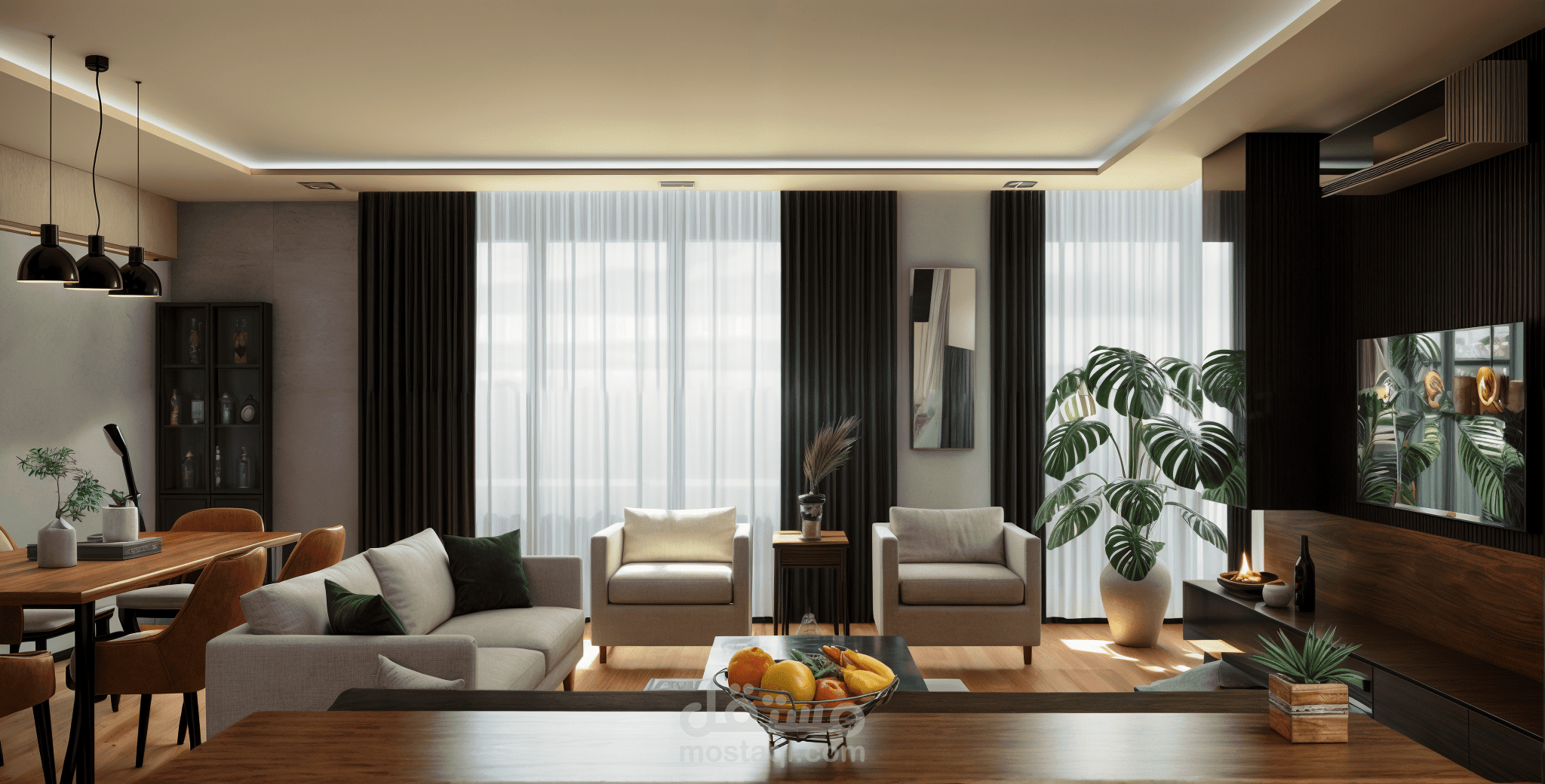 تصميم داخلي حديث لمنطقة معيشة مفتوحة | مساحة دافئة وعملية