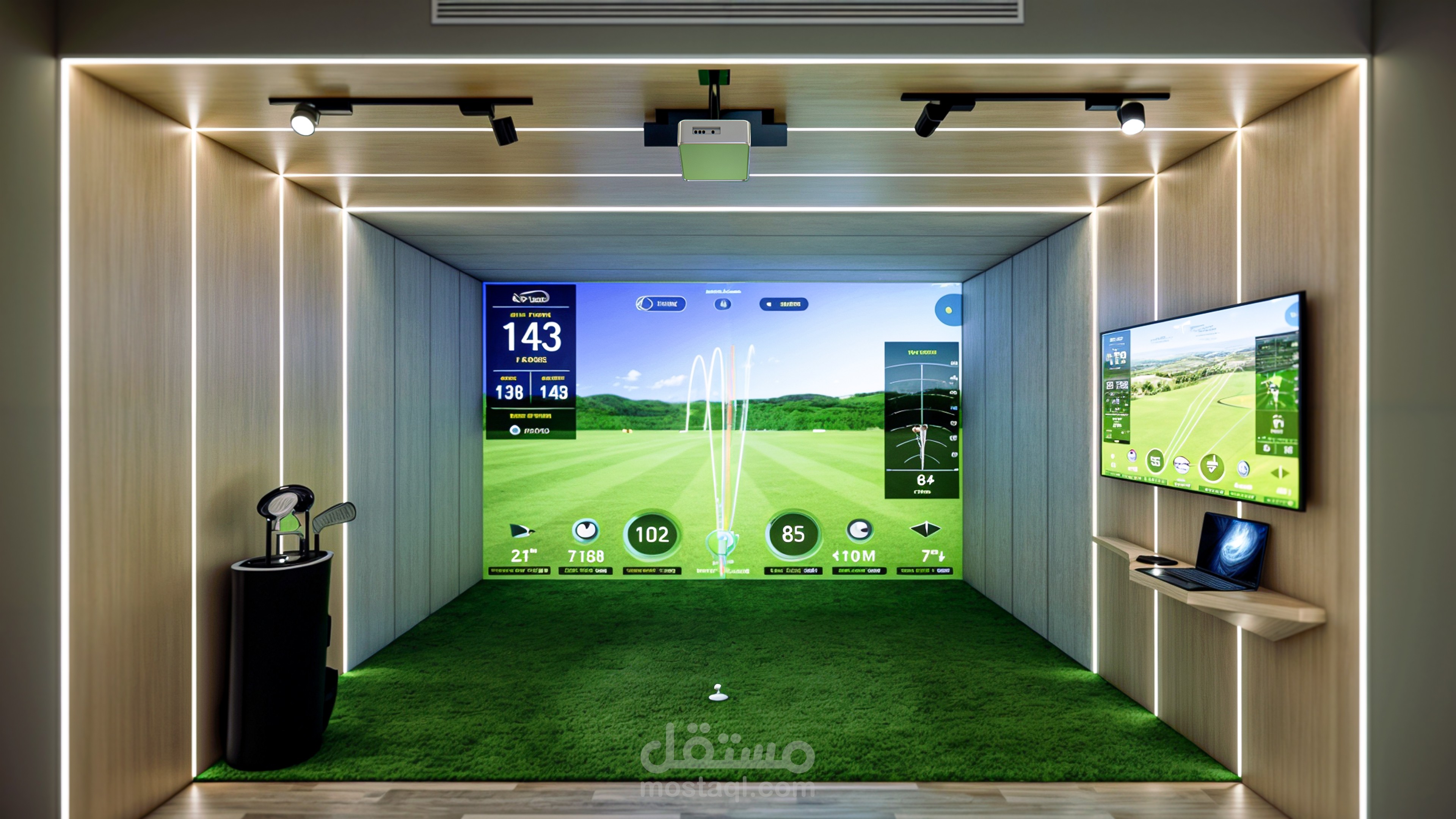 تصميم داخلي لغرفة محاكاة الجولف | تحويل المرآب ومراجعة ثلاثية الأبعاد