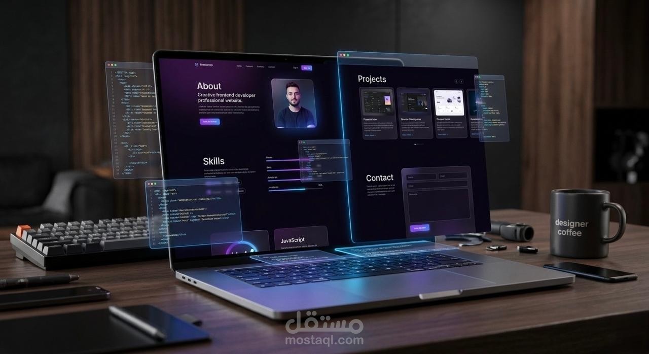 تصميم موقع شخصي (Portfolio) مخصص باستخدام HTML, CSS, JS.
