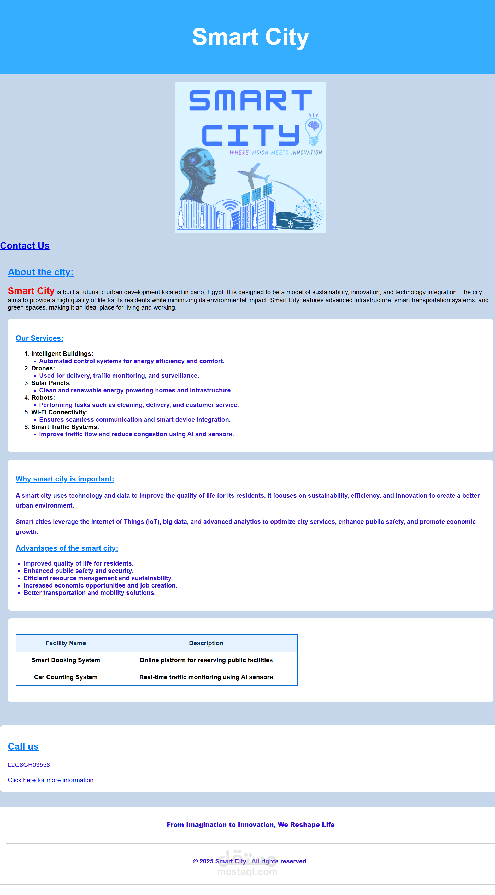 صفحه ويب لل smart city وبها كل مميزات ال smart city و مصممه بالوان رائعه