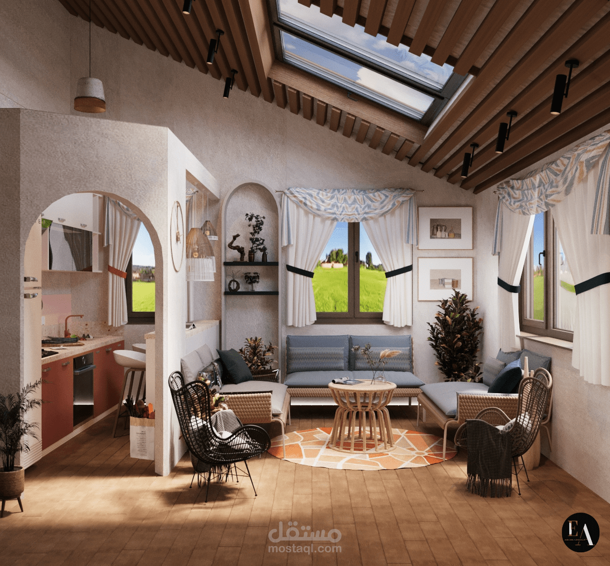 تصميم منزل ريفي تقليدي – تخطيط 2D + إظهار 3D