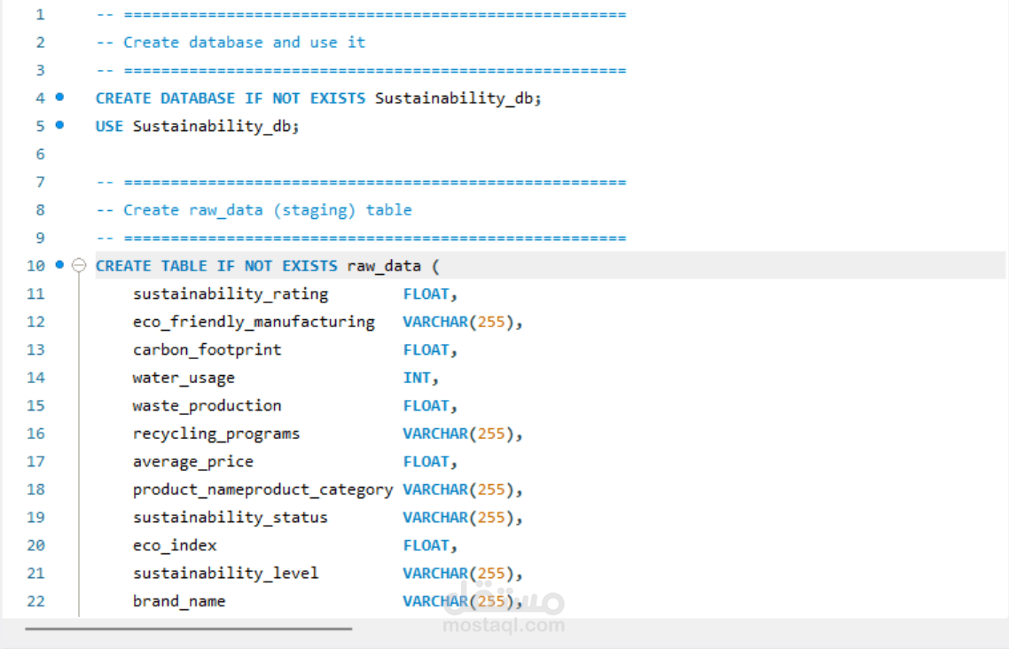 تصميم وبناء قاعدة بيانات تحليل الاستدامة باستخدام SQL