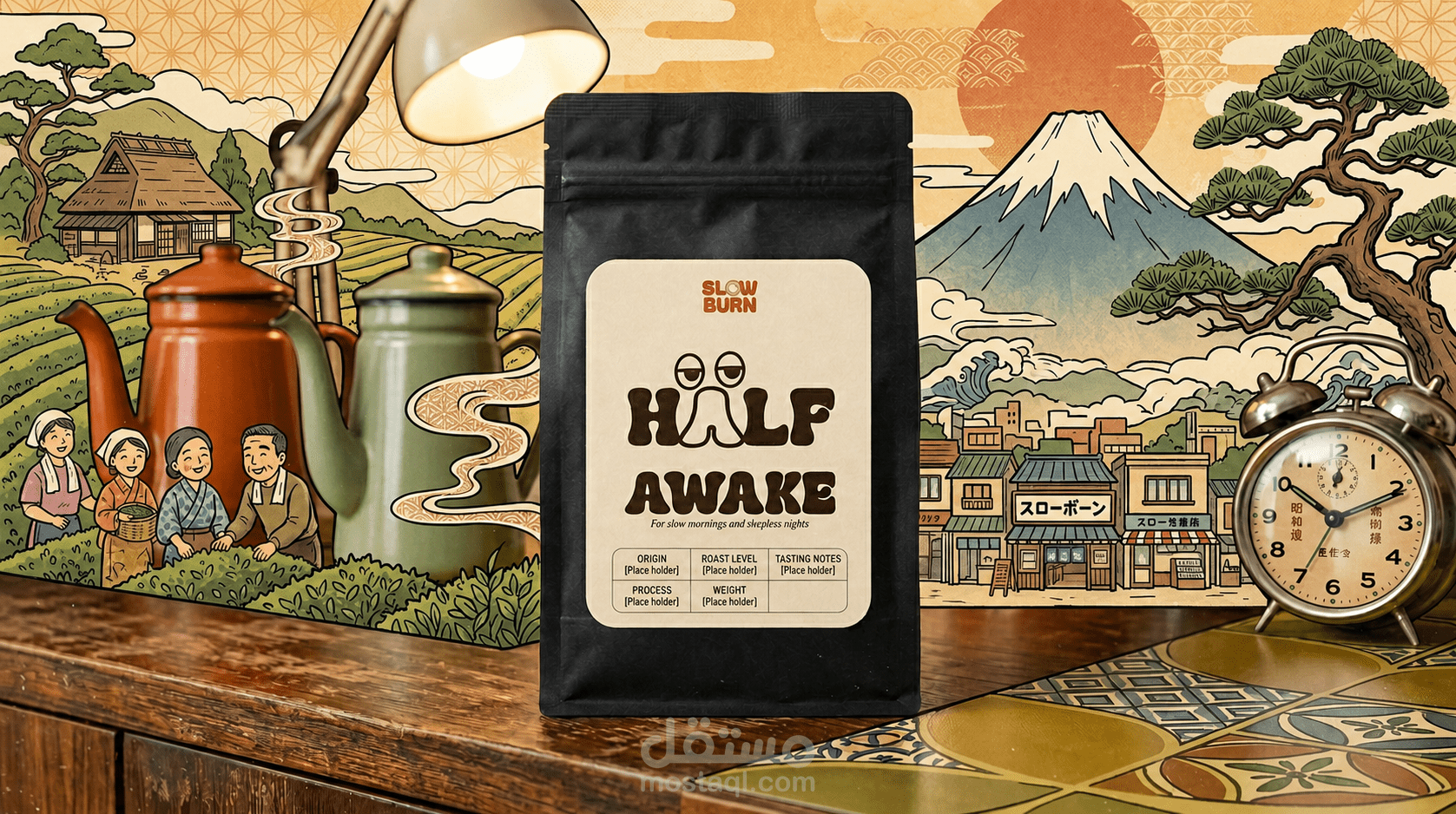 تصميم تغليف علامة Slow Burn Coffee بأسلوب ريترو