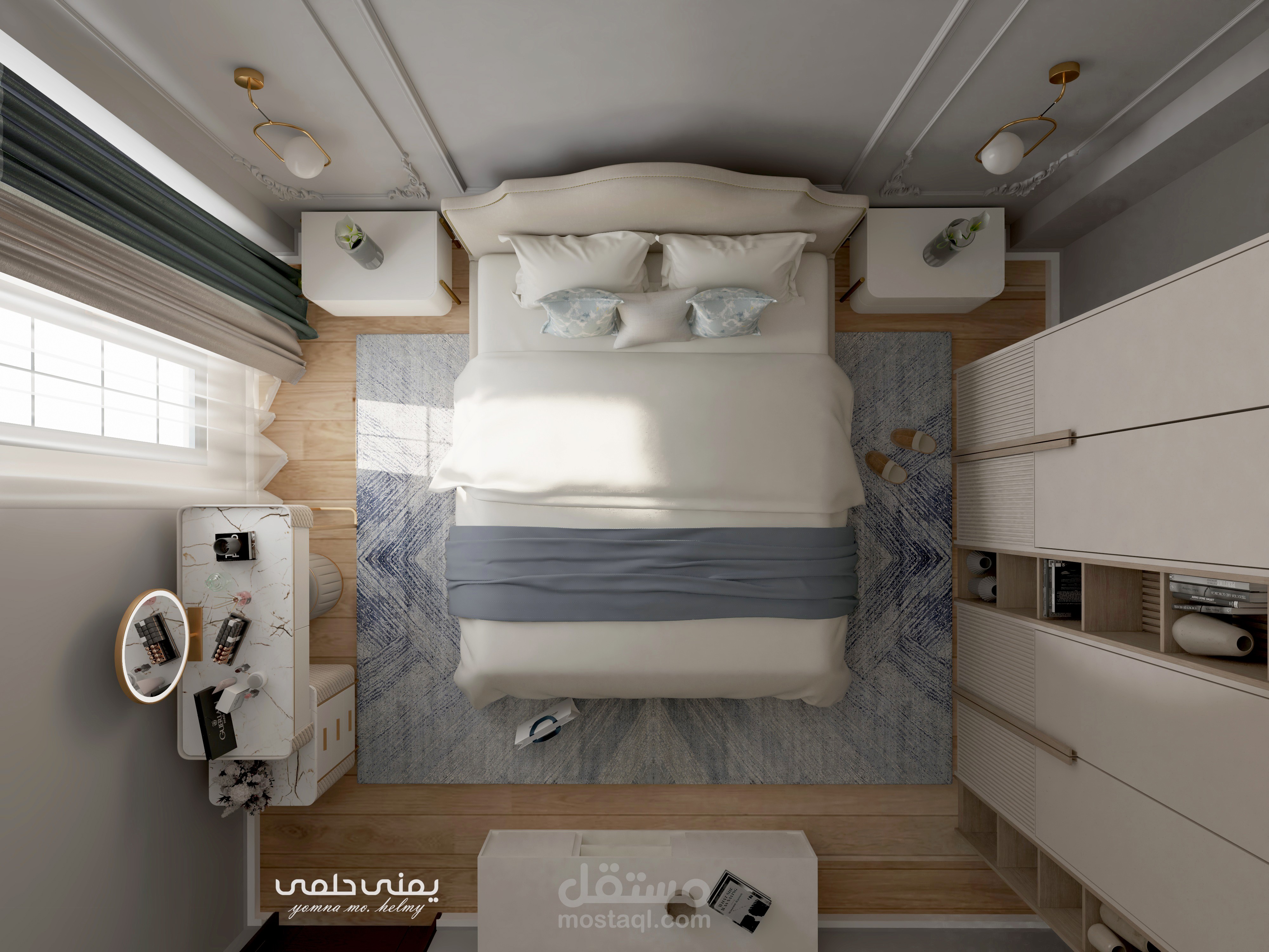 تصميم نيو كلاسيك بسيط لغرفة نوم رئيسية