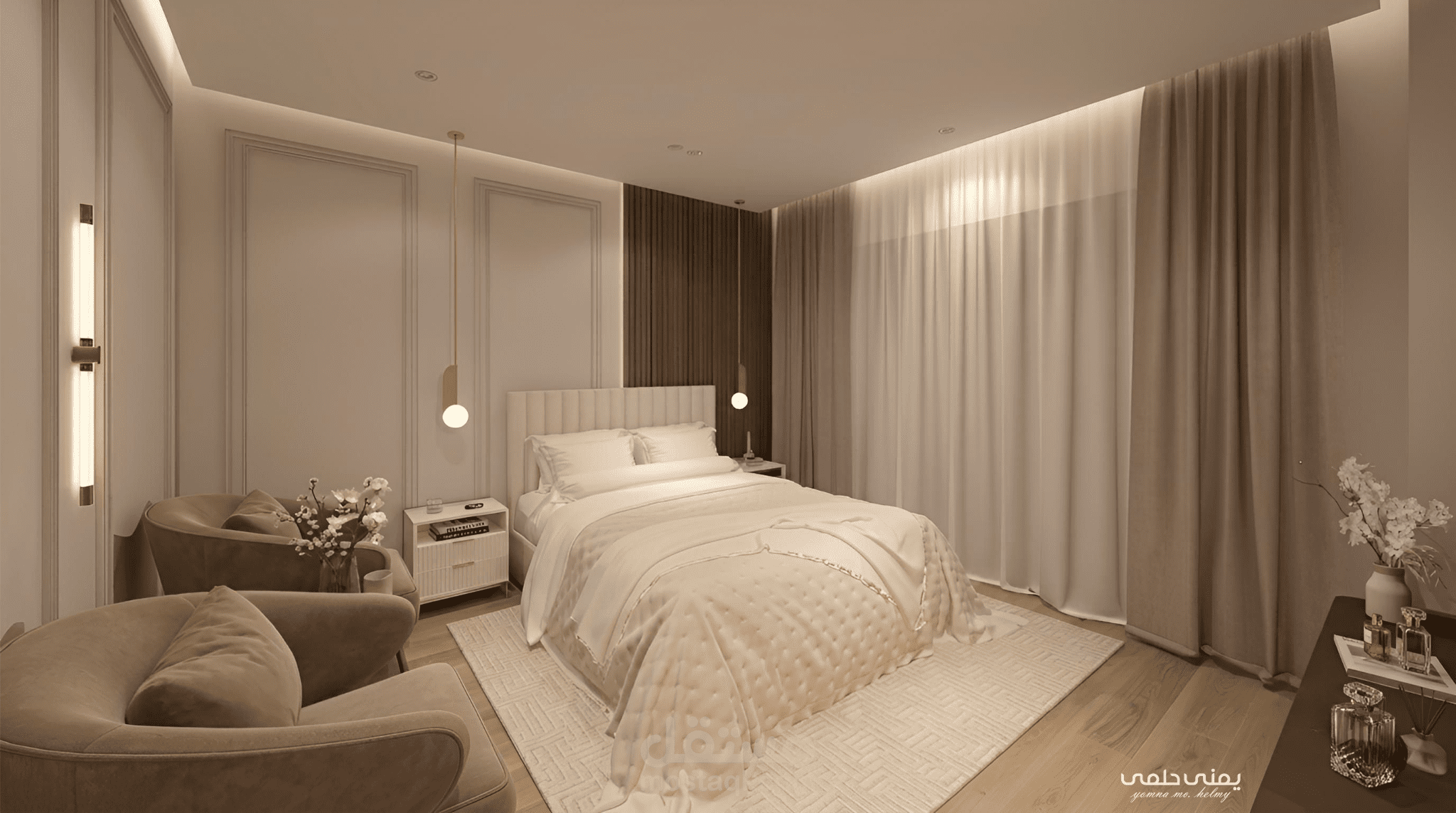 تصميم هادئ لغرفة نوم مودرن ملحق بها دريسنج روم