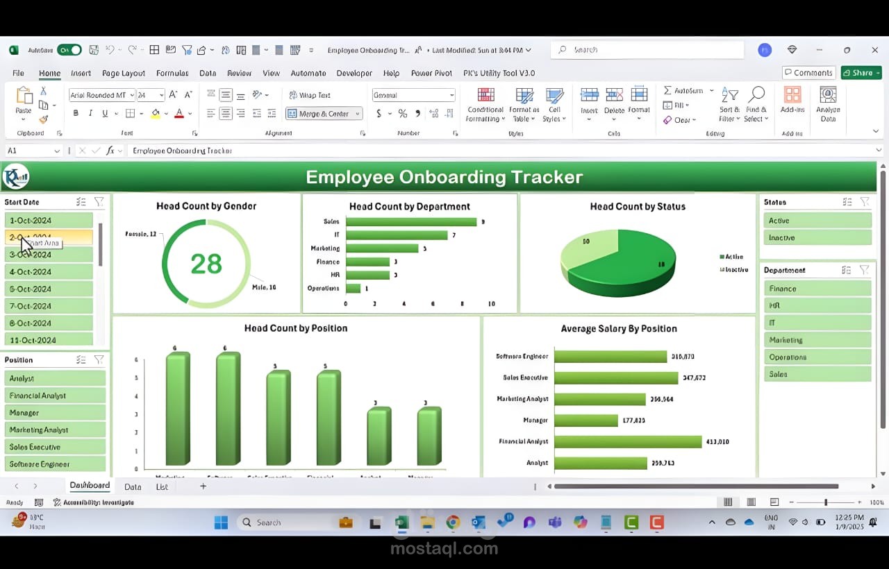 تصميم لوحة متابعة الموظفين الجدد (Employee Onboarding Tracker Dashboard) باستخدام Excel