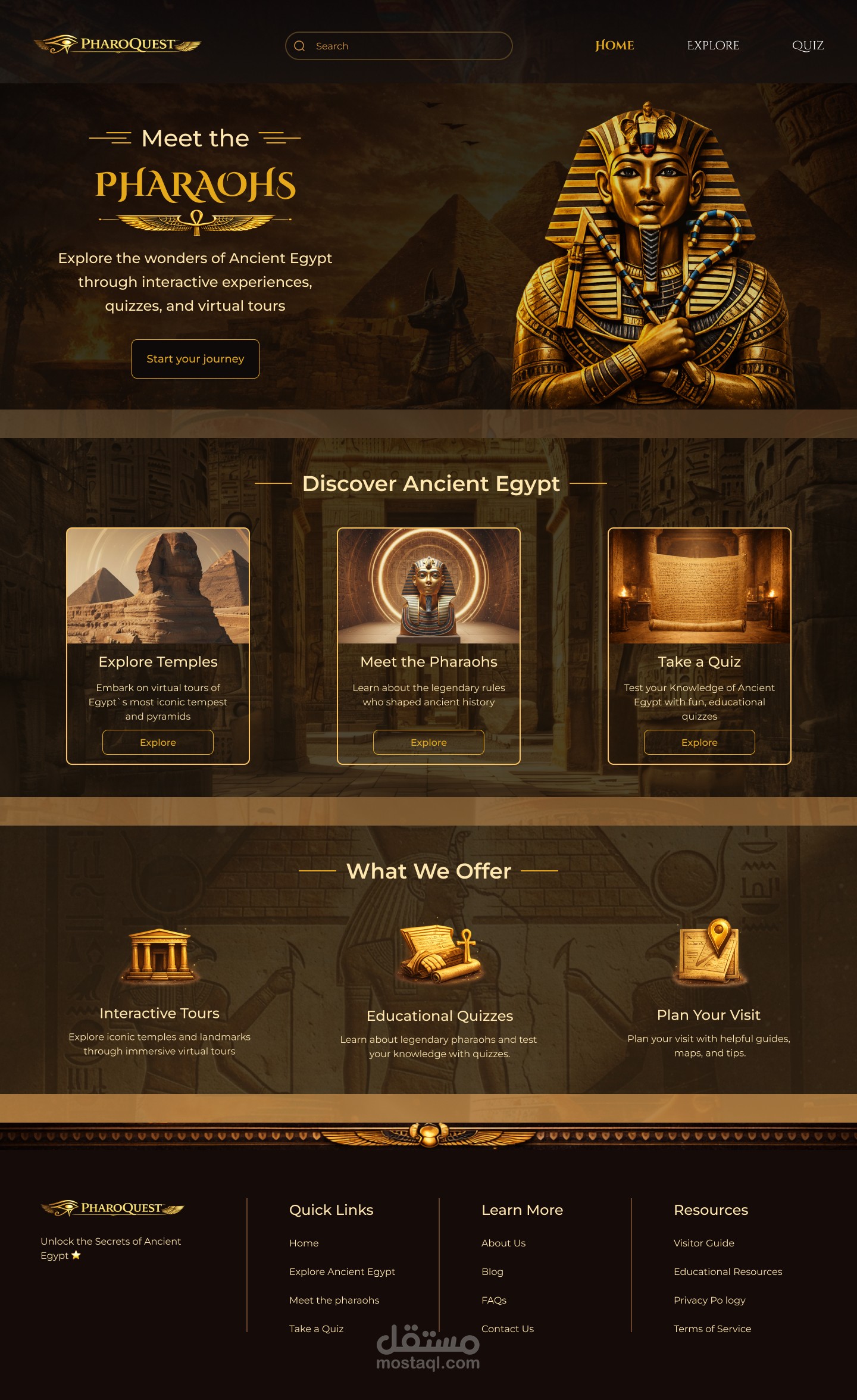 تصميم UI/UX لموقع تعليمي تفاعلي عن الحضارة المصرية يشمل عدة صفحات (ويب)