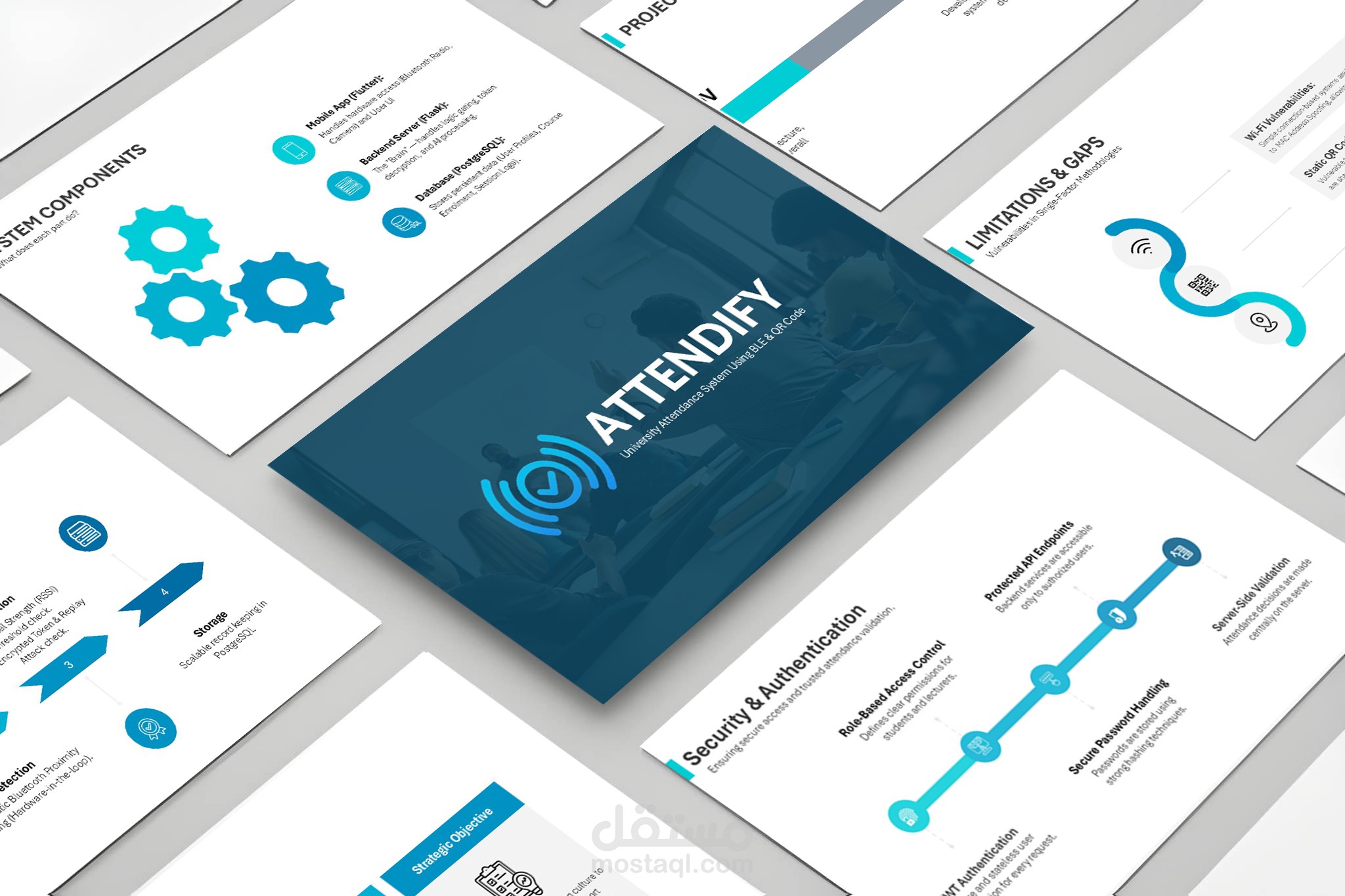 تصميم Pitch Deck احترافي لمشروع Attendify لإدارة الحضور الجامعي