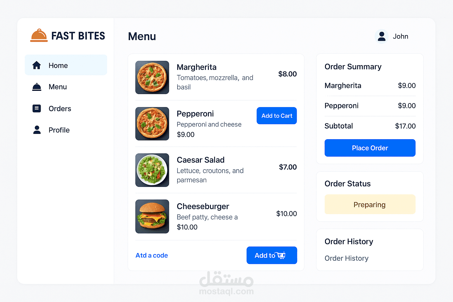 تطوير نظام إدارة طلبات مطعم متكامل (Fast Bites) – تفاعلي وفوري بإشعارات لحظية
