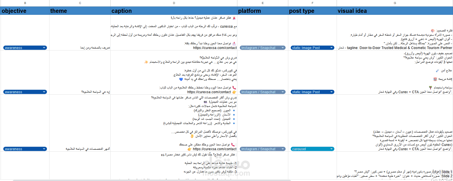 إعداد content calender  لإطلاق مشروع ناشئ في مجال السياحة العلاجية B2B