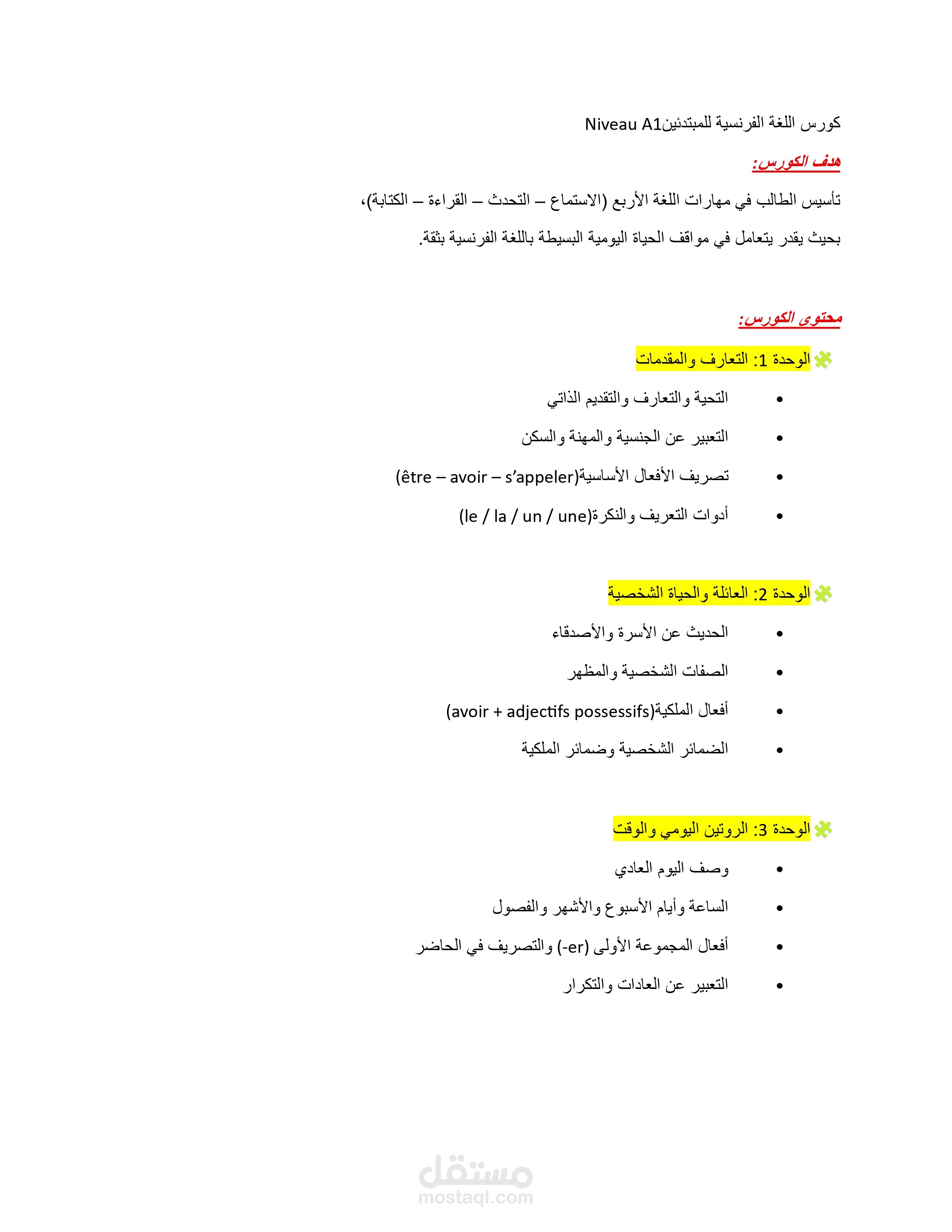 كورس اللغة الفرنسية للمبتدئين A1