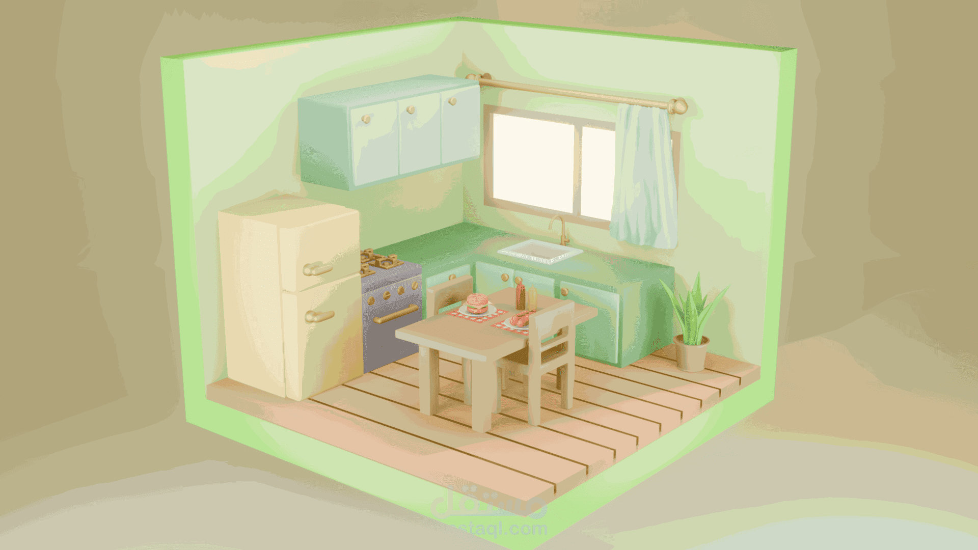 تصميم ثلاثي الابعاد لمطبخ مصغر