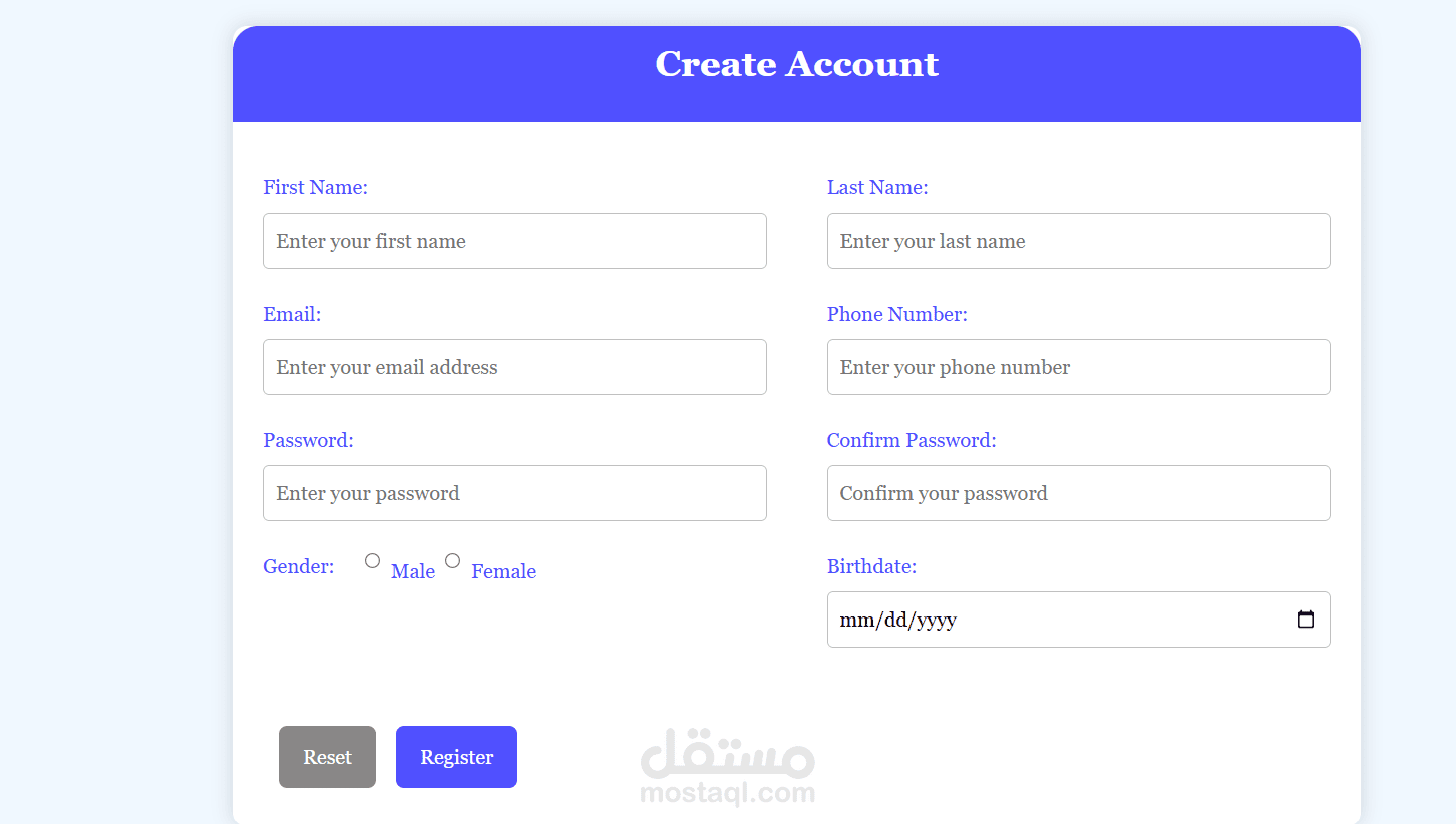 تصميم signup page بال JavaScript ,html5,css