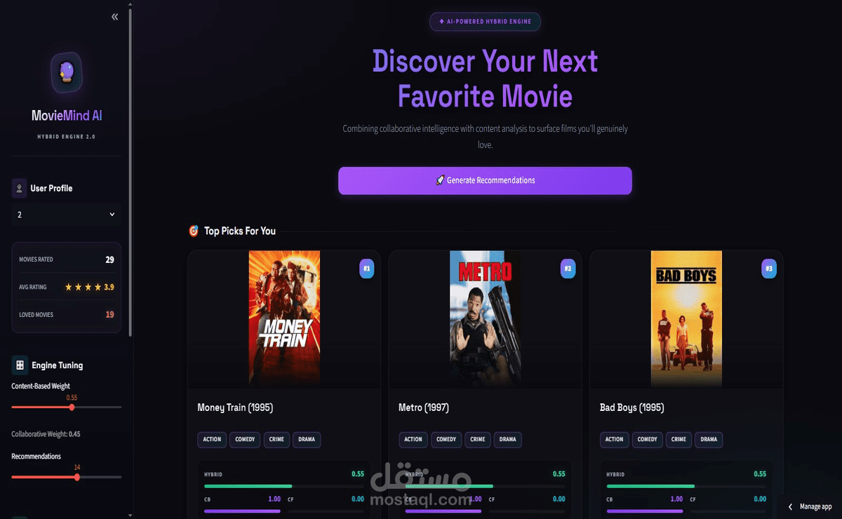 MovieMind AI: نظام توصية أفلام هجين (Hybrid) ذو واجهة عرض متميزة ب استخدام python