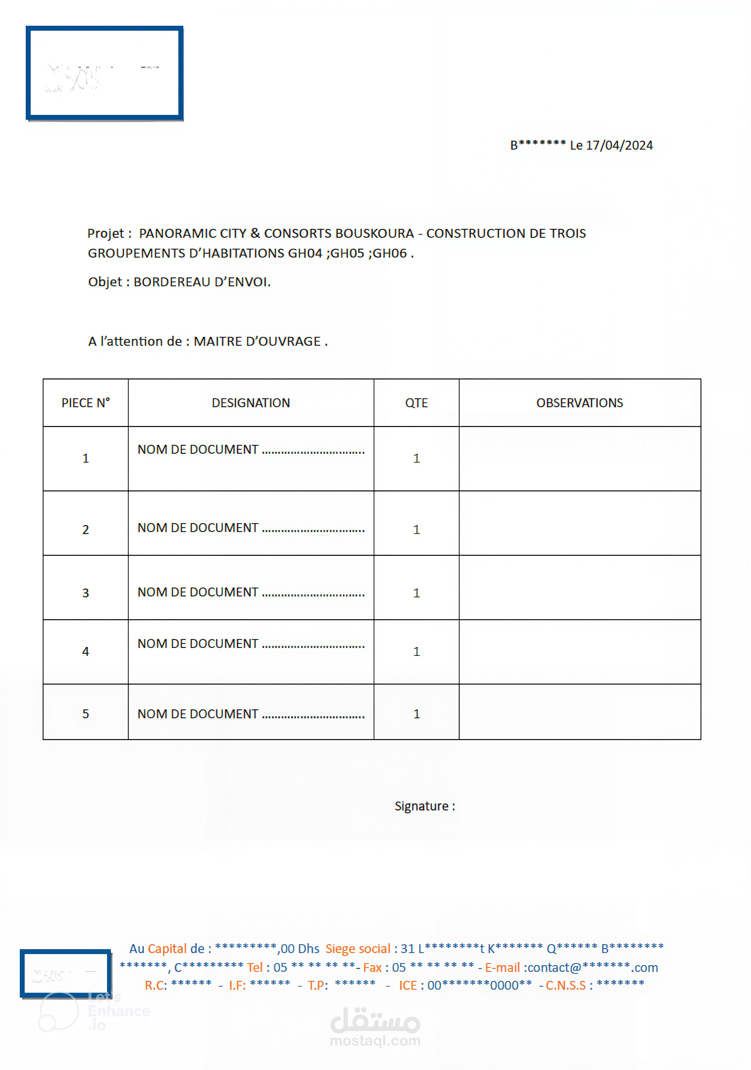 قائمة الوثائق المرسلة  ; Bordereau d’envoi des documents ; Document Dispatch List