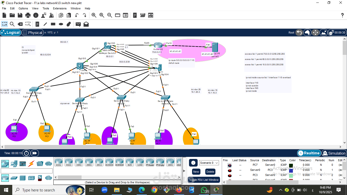 Project Title: Hierarchical LAN Design with EIGRP & EtherChannel Engineer: Nada Hussein Khamis Tools Used: Cisco Packet Tracer, Cisco IOS CLI Objective: Building a scalable 3-layer LAN design with redundancy and VLAN segmentation.