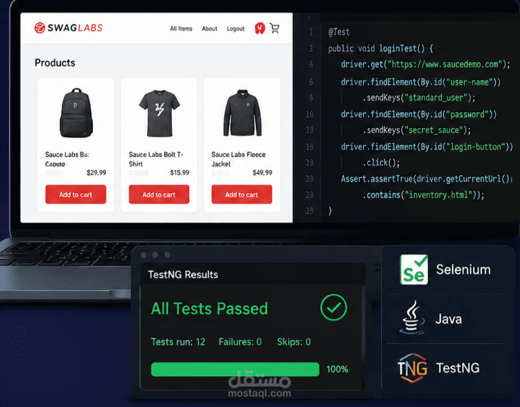 أتمتة اختبار موقع تجارة إلكترونية Swag Laps باستخدام Selenium و TestNG