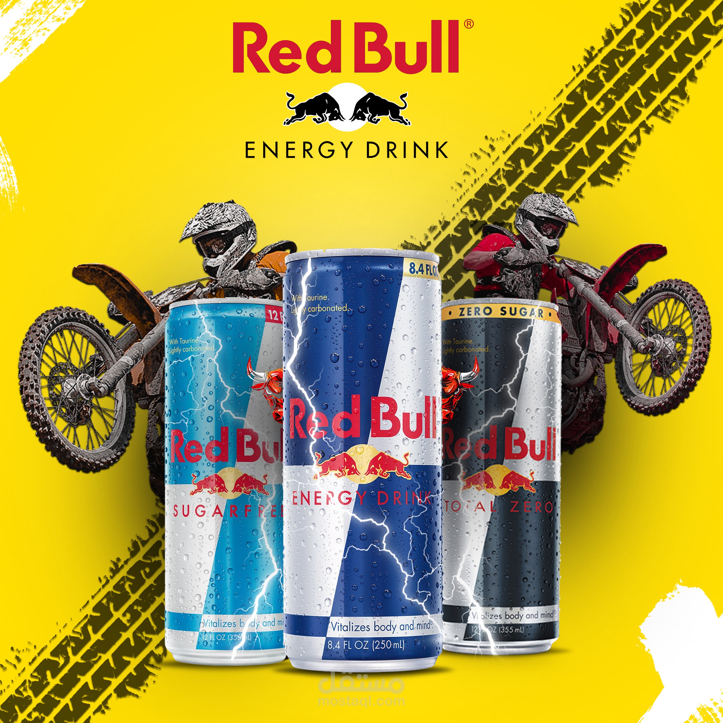تصميم إعلاني حماسي لمشروب الطاقة Red Bull – انطلق بلا حدود!