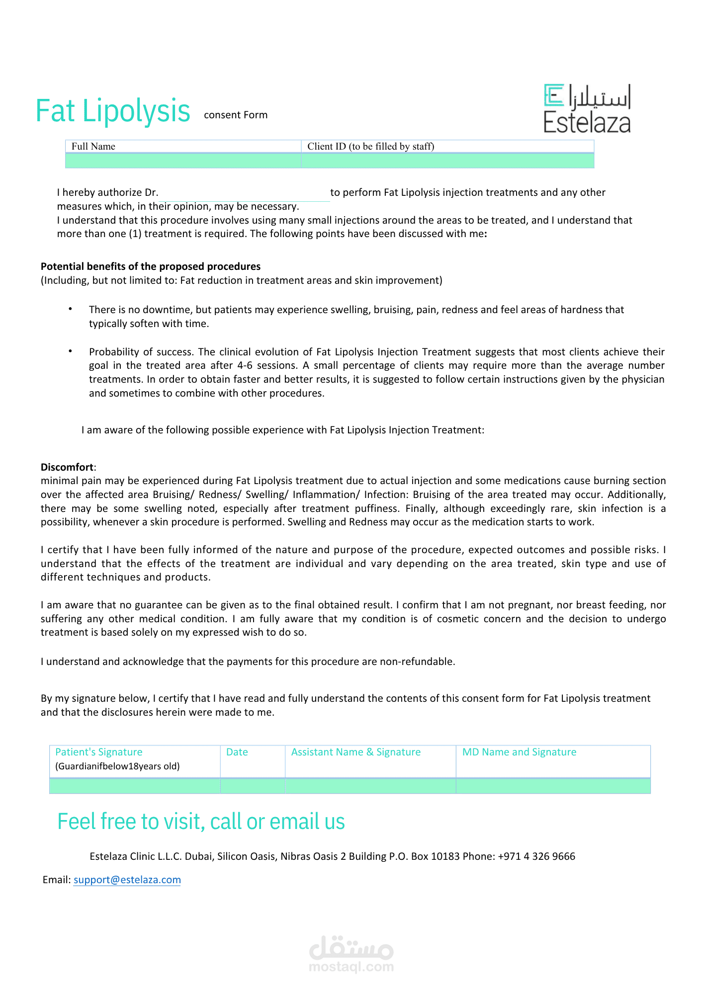 ترجمة طبية لإستمارة موافقة مستنيرة لإذابة الدهون بالحقن (Fat Lipolysis consent form)