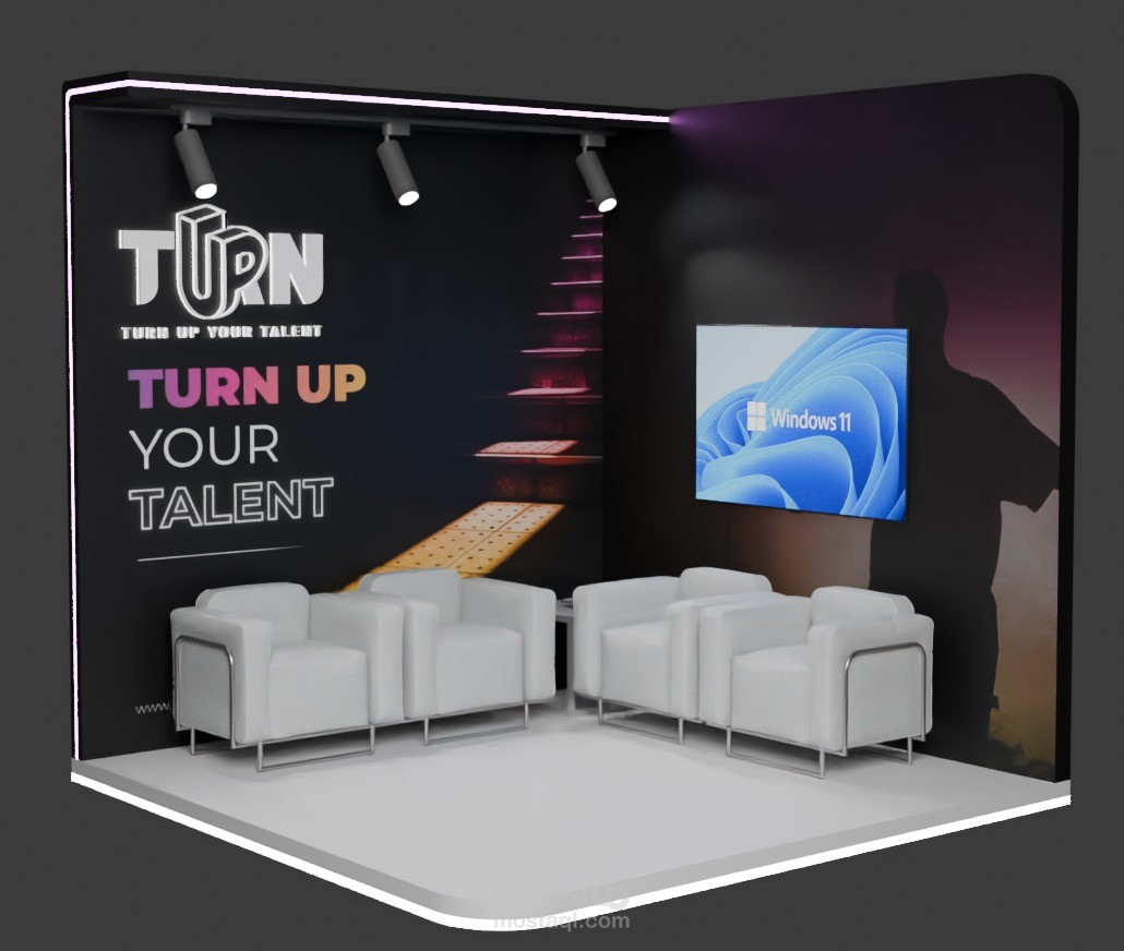تصميم جناح عرض احترافي ثلاثي الأبعاد لشركة ترويج المواهب