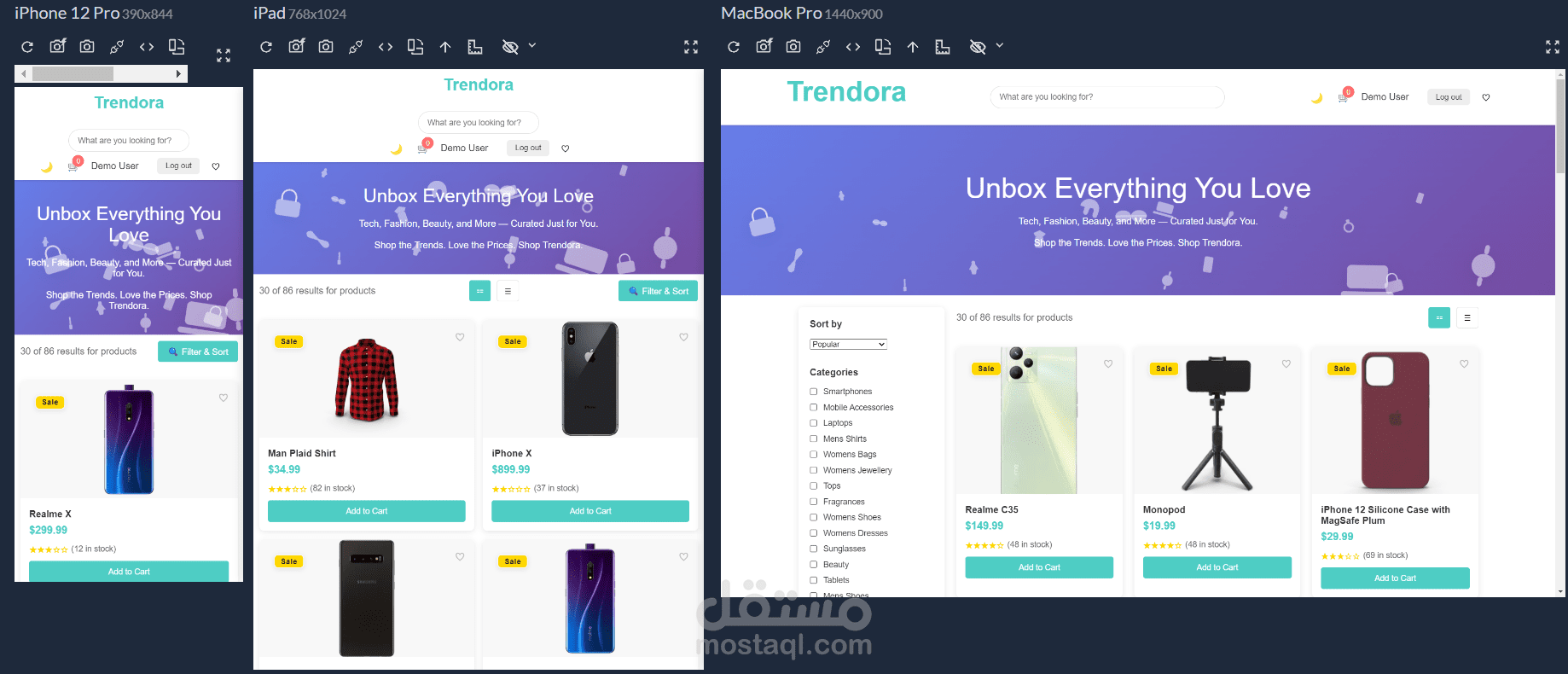 تطوير تطبيق ويب تفاعلي لمتجر إلكتروني باسم Trendora