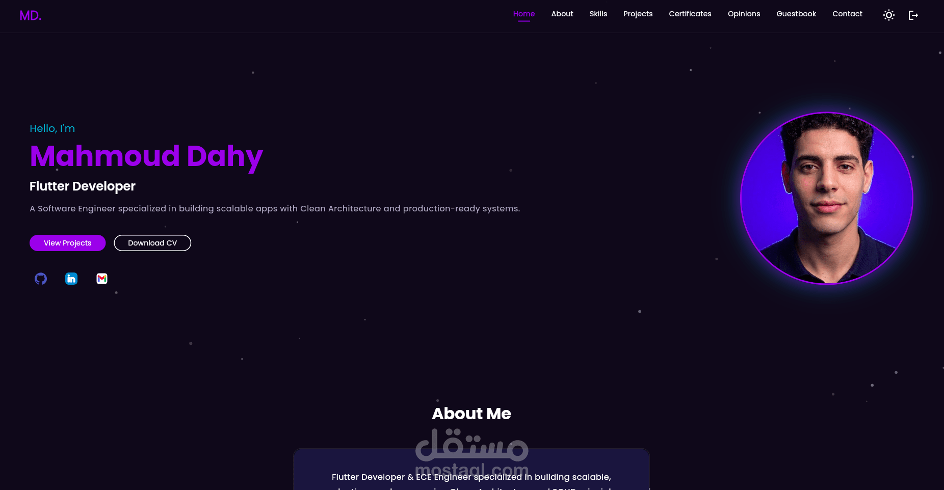 تطبيق Portfolio احترافي بـ Flutter مع لوحة تحكم Admin و Firebase