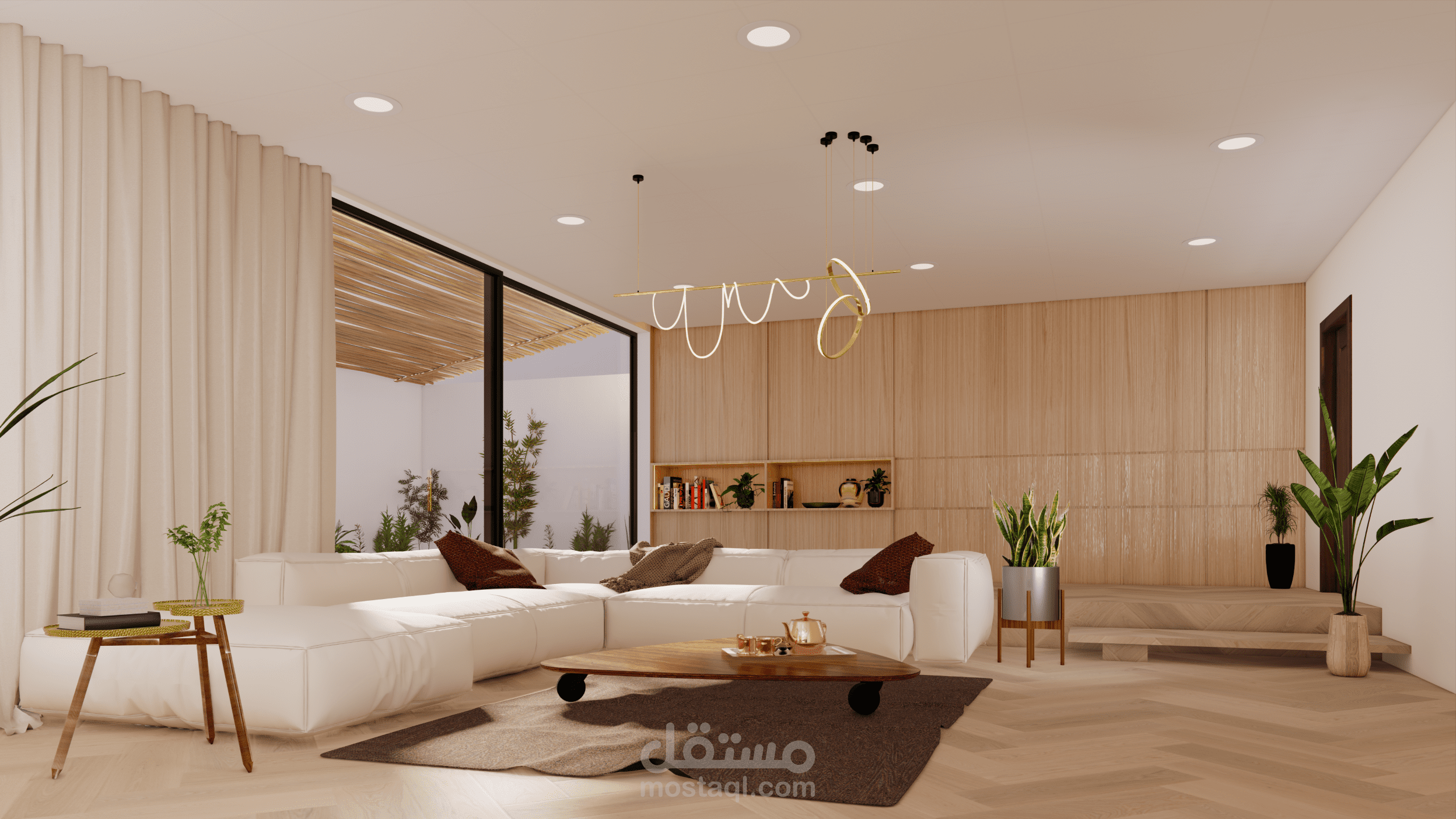 تصميم لغرفة معيشة مع مطبخ و حديقة