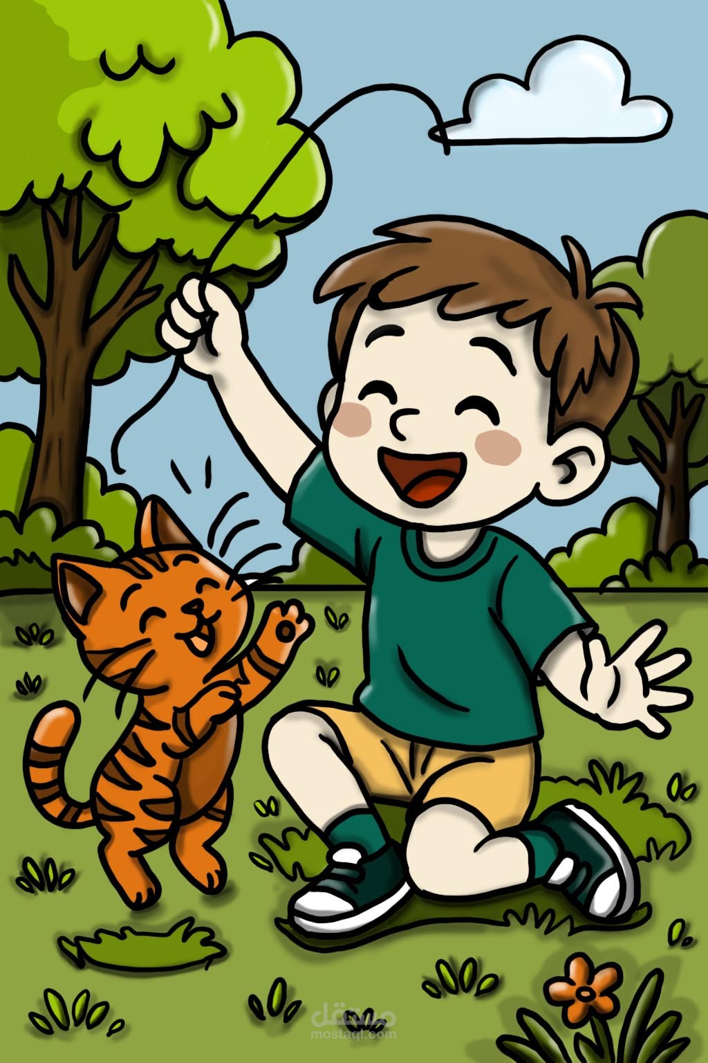 "A gentle moment of friendship, where a boy and his cat discover joy beneath the open sky."