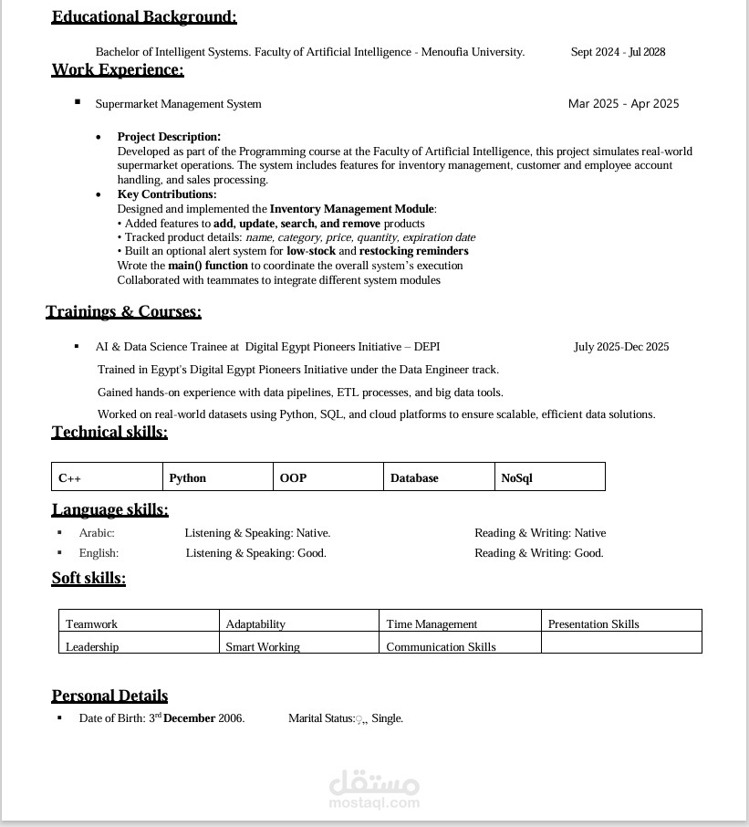 تصميم سيرة ذاتية احترافية باللغة الإنجليزية (ATS-Friendly CV Design)