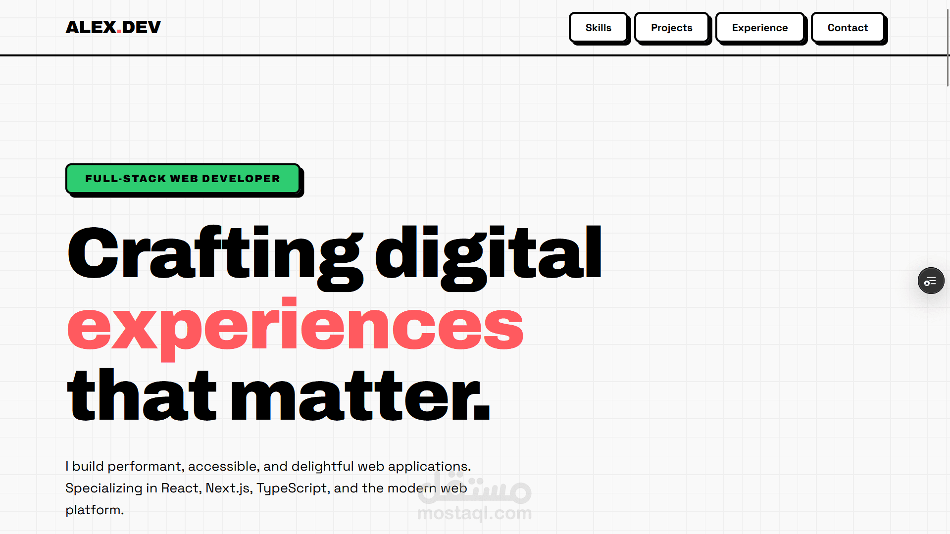 معرض أعمال احترافي لمطور ويب بتصميم Neu Brutalism باستخدام Next.js وTailwind CSS