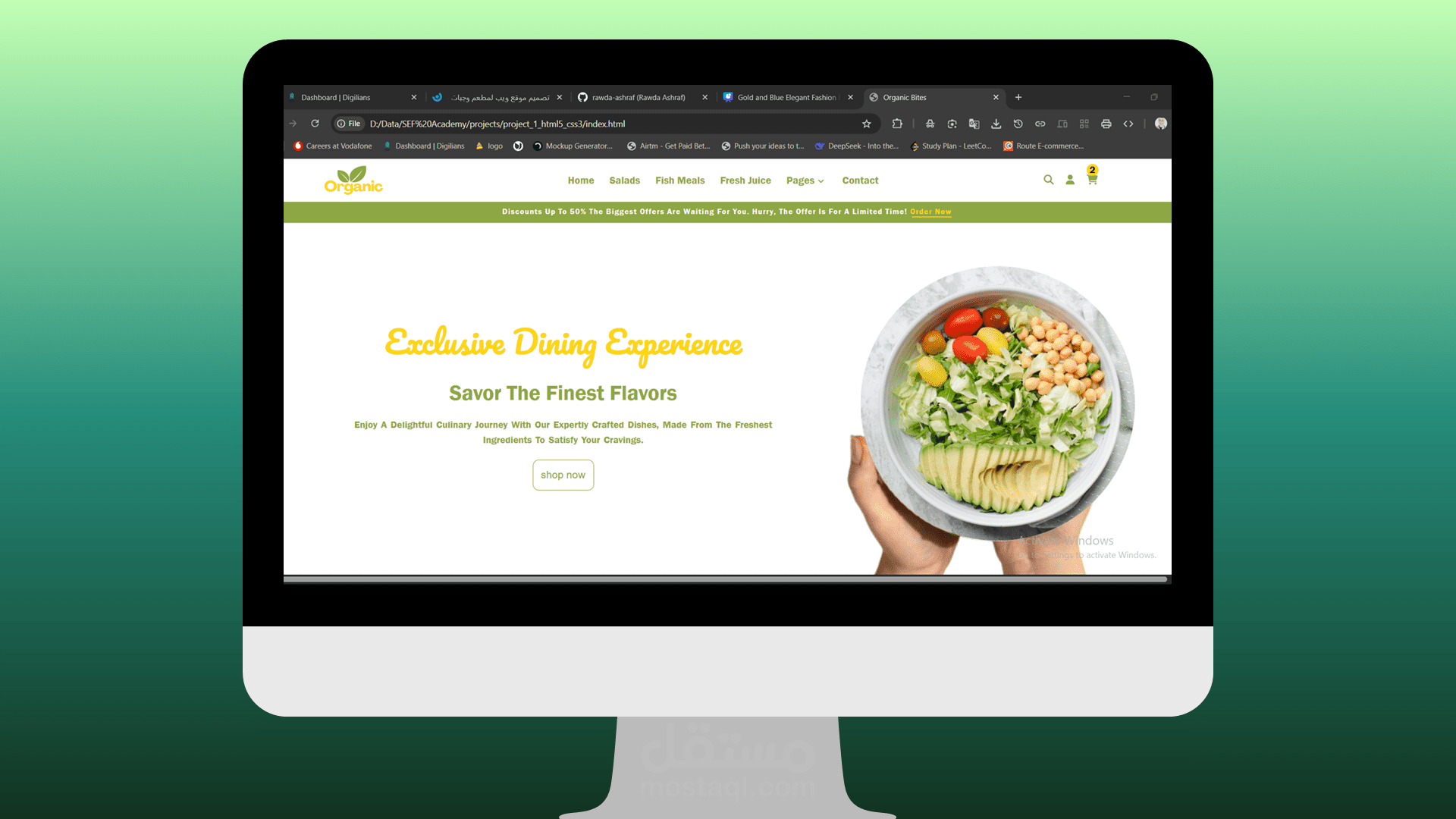 تصميم موقع ويب لمطعم وجبات صحية باستخدام HTML5 وCSS3