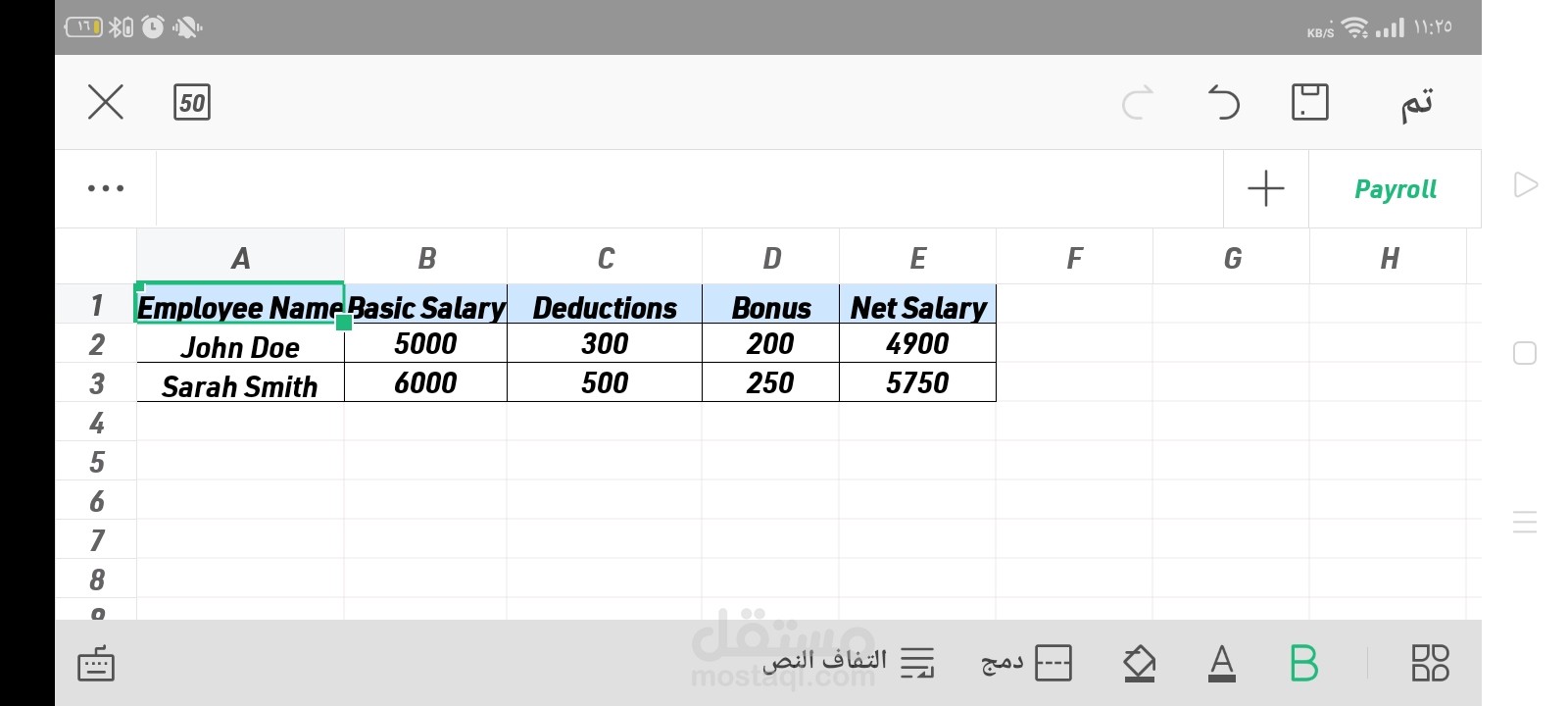 كشف رواتب الموظفين (Employee Payroll Sheet)