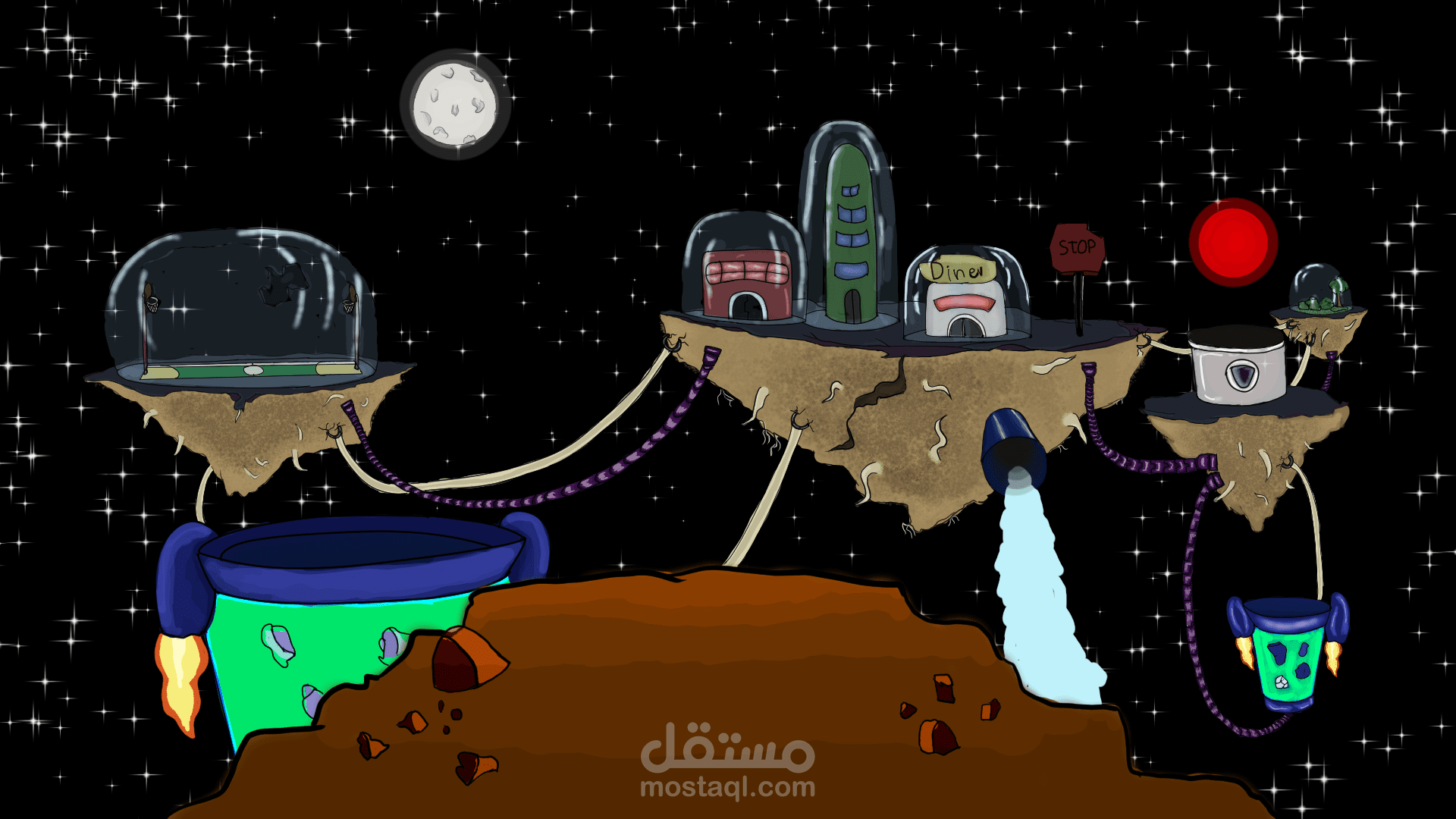 تصميم  مدينة فضائية مع عمل حركة بسيطة لبعض العناصر